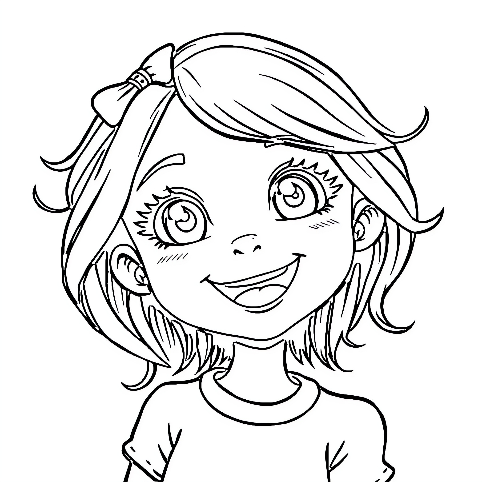 Girl with Cheerful Expression and Bow-Adorned Hair Coloring Page (free black-and-white line drawing printable PDF for all, from beginners to advanced learners, including children, teens, adults, and seniors)