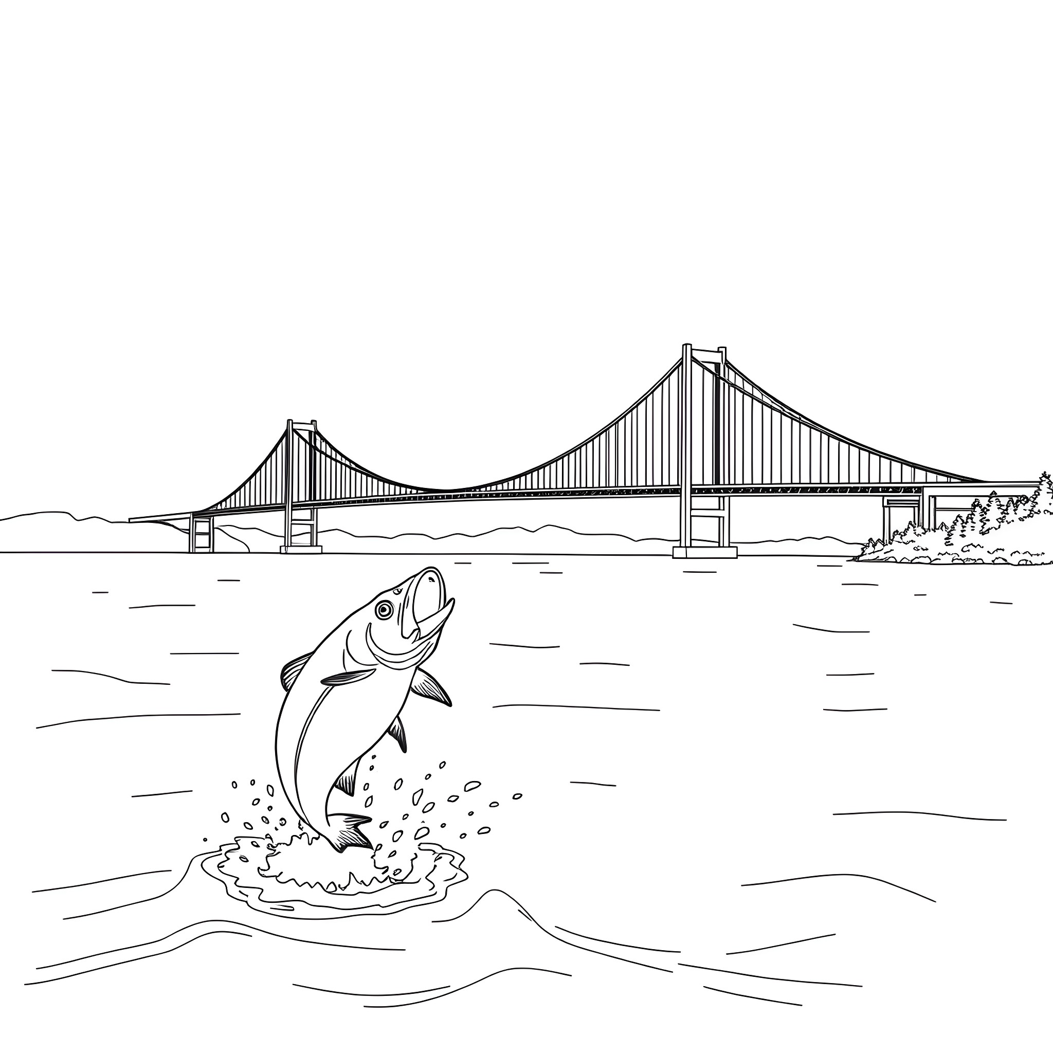 Mackinaw Bridge and fish jumping in the water Coloring Page (free black-and-white line drawing printable PDF for all, from beginners to advanced learners, including children, teens, adults, and seniors)