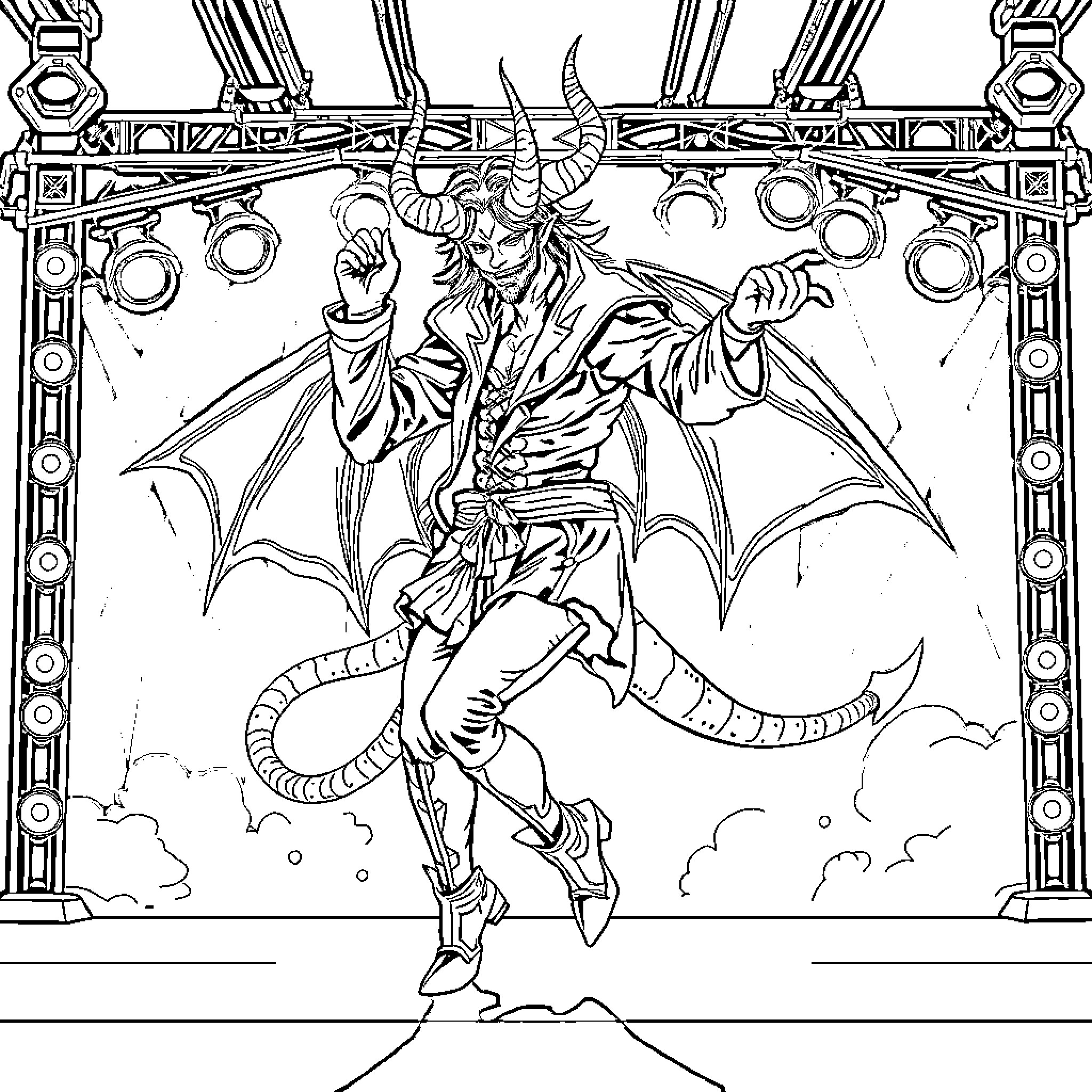 Demon Hunter's Dramatic Aerial Maneuvers Coloring Page (free black-and-white line drawing printable PDF for all, from beginners to advanced learners, including children, teens, adults, and seniors)