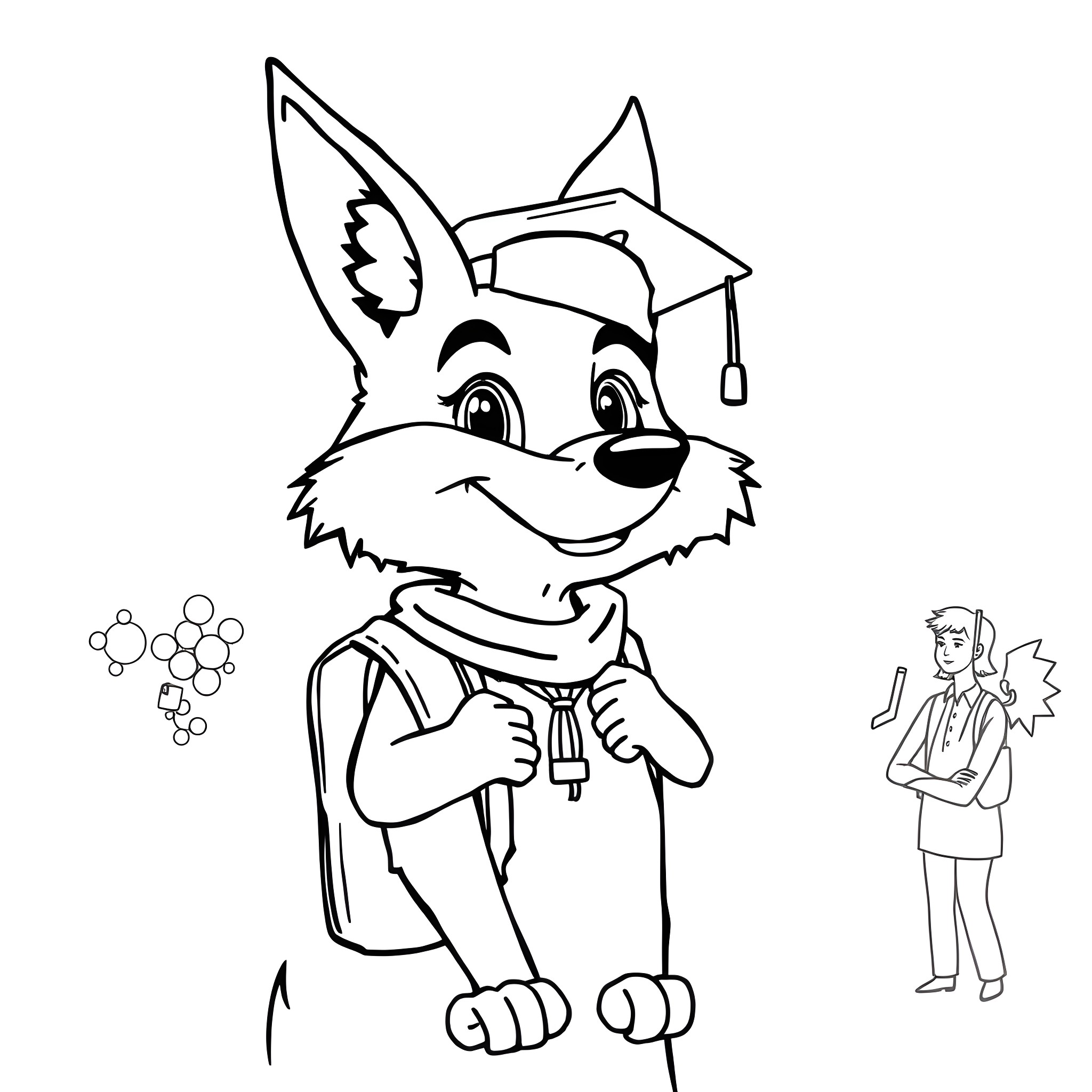 Coyote graduate in academic attire Coloring Page (free black-and-white line drawing printable PDF for all, from beginners to advanced learners, including children, teens, adults, and seniors)