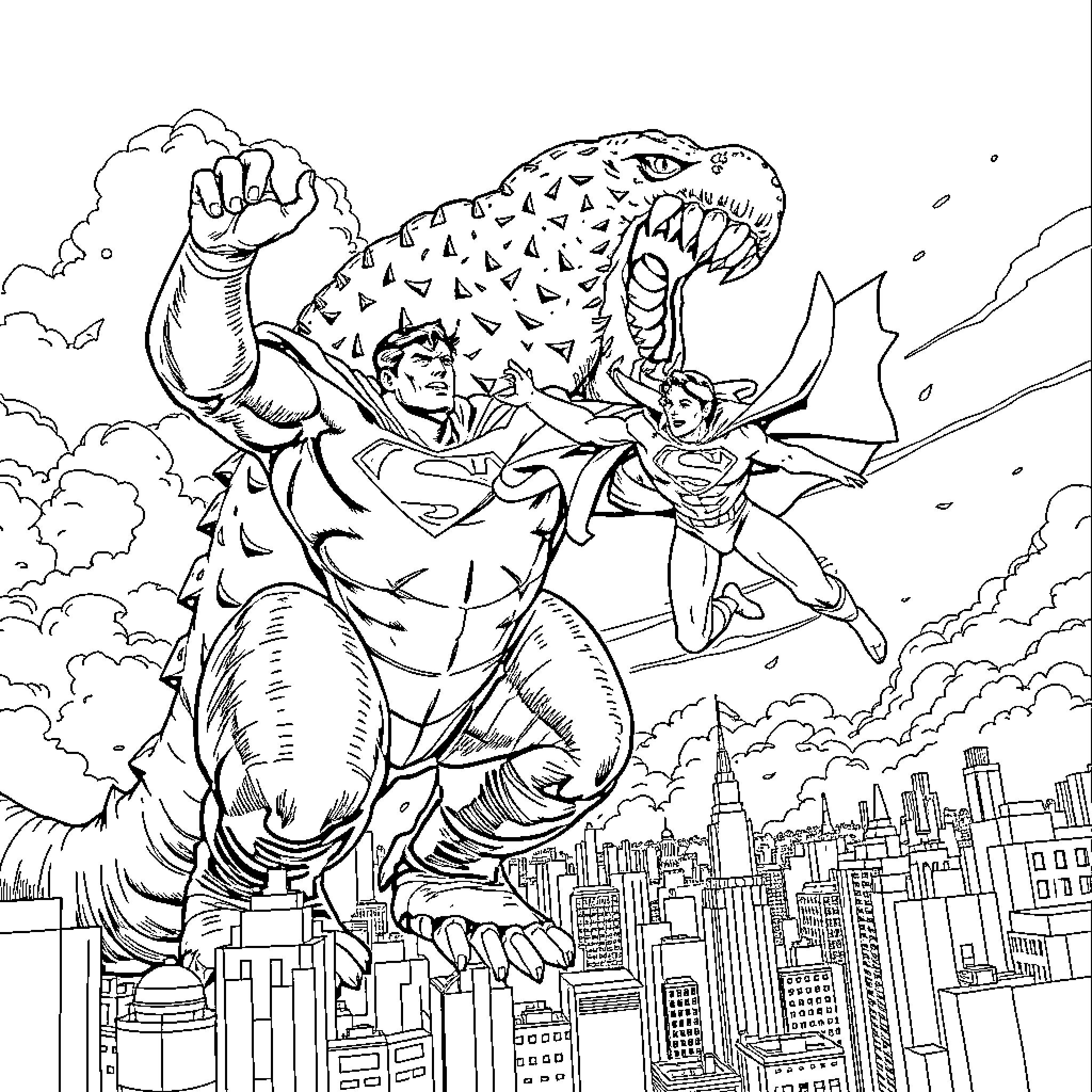 Superman battling with a giant reptile creature over the city Coloring Page (free black-and-white line drawing printable PDF for all, from beginners to advanced learners, including children, teens, adults, and seniors)