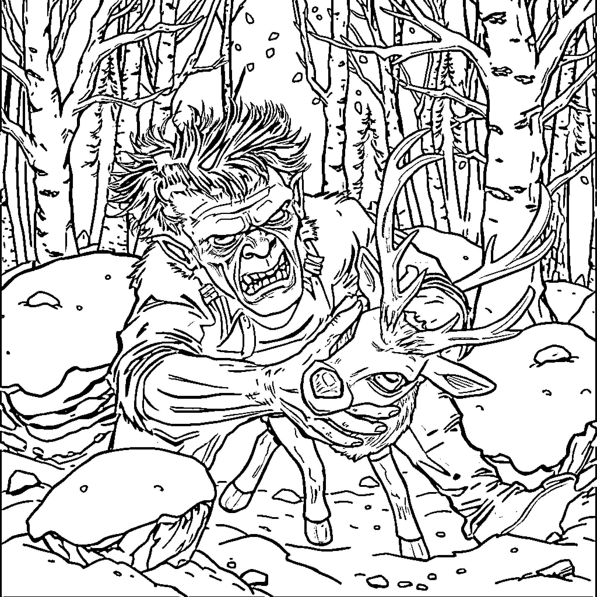 Frankenstein's Creature Battling in Snowy Wilderness Coloring Page (free black-and-white line drawing printable PDF for all, from beginners to advanced learners, including children, teens, adults, and seniors)