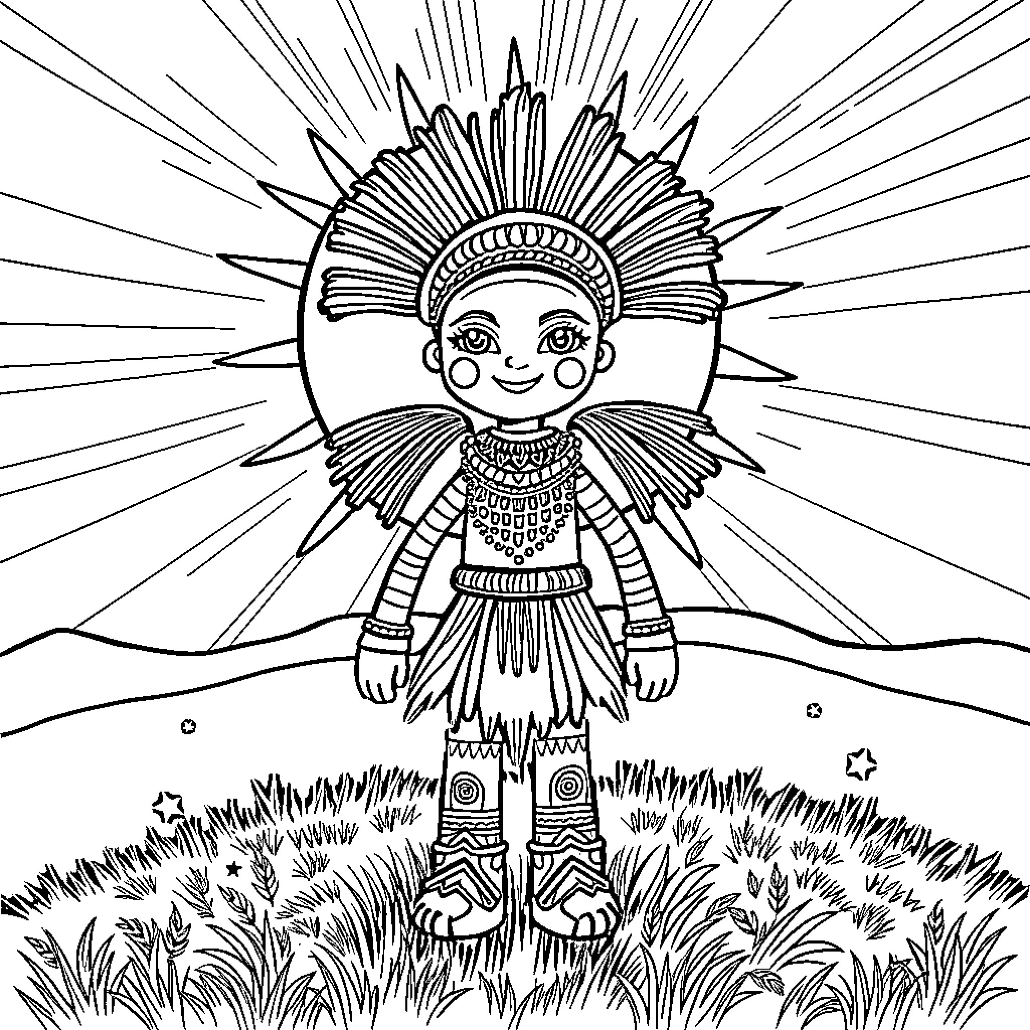 Labubu the Tribal Warrior in the Wilderness Coloring Page (free black-and-white line drawing printable PDF for all, from beginners to advanced learners, including children, teens, adults, and seniors)