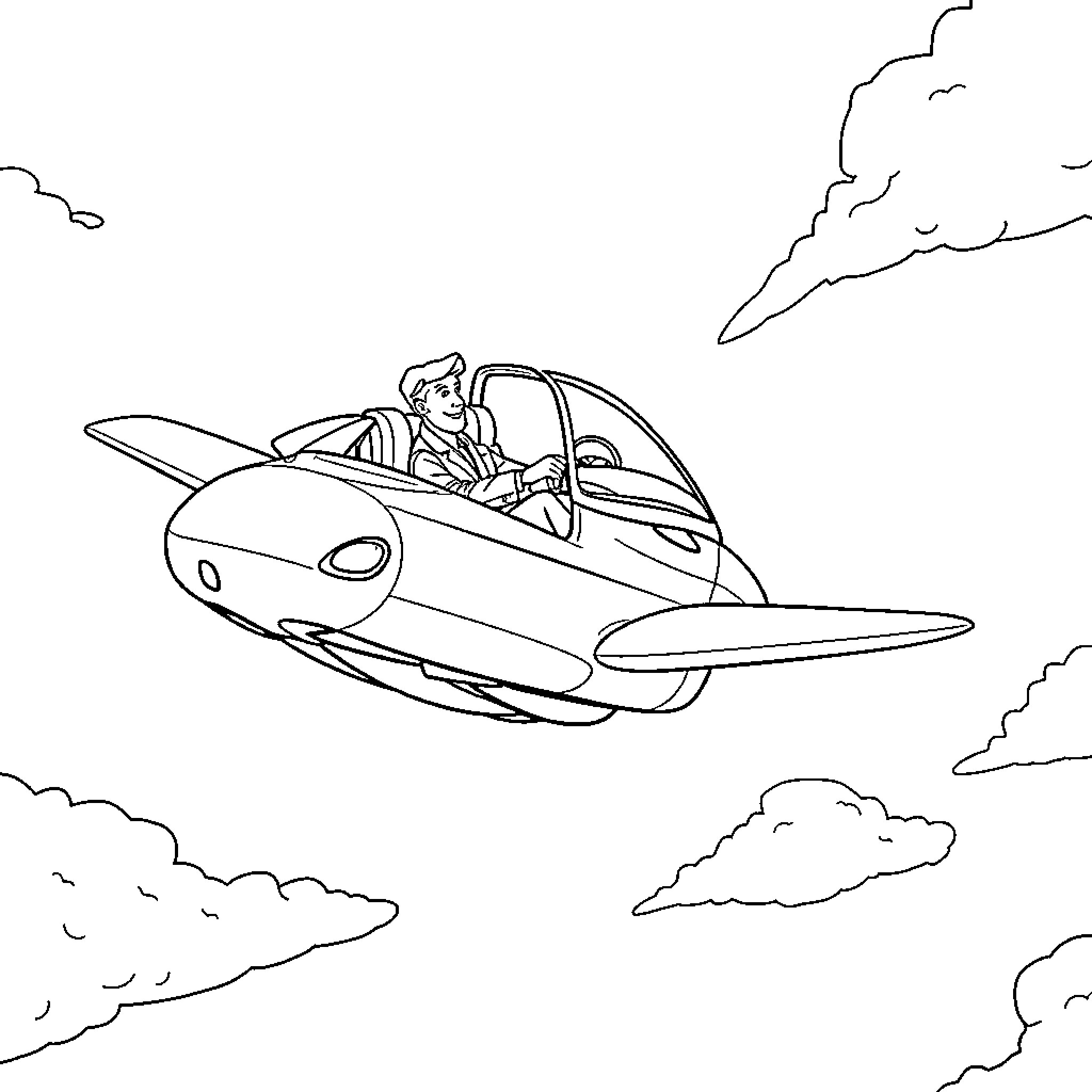 Flying Car with Futuristic Pilot in the Sky Coloring Page (free black-and-white line drawing printable PDF for all, from beginners to advanced learners, including children, teens, adults, and seniors)