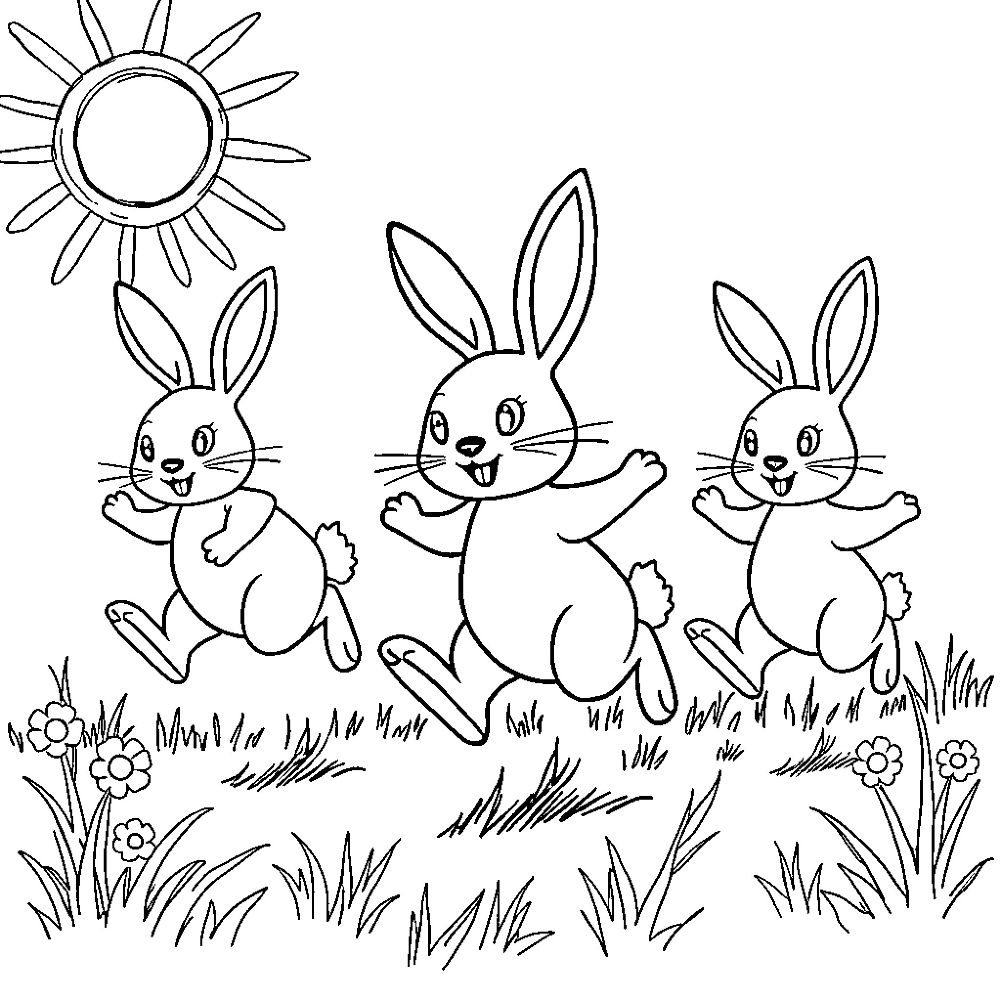 Bunny Trio Frolicking in the Meadow Coloring Page (free black-and-white line drawing printable PDF for all, from beginners to advanced learners, including children, teens, adults, and seniors)