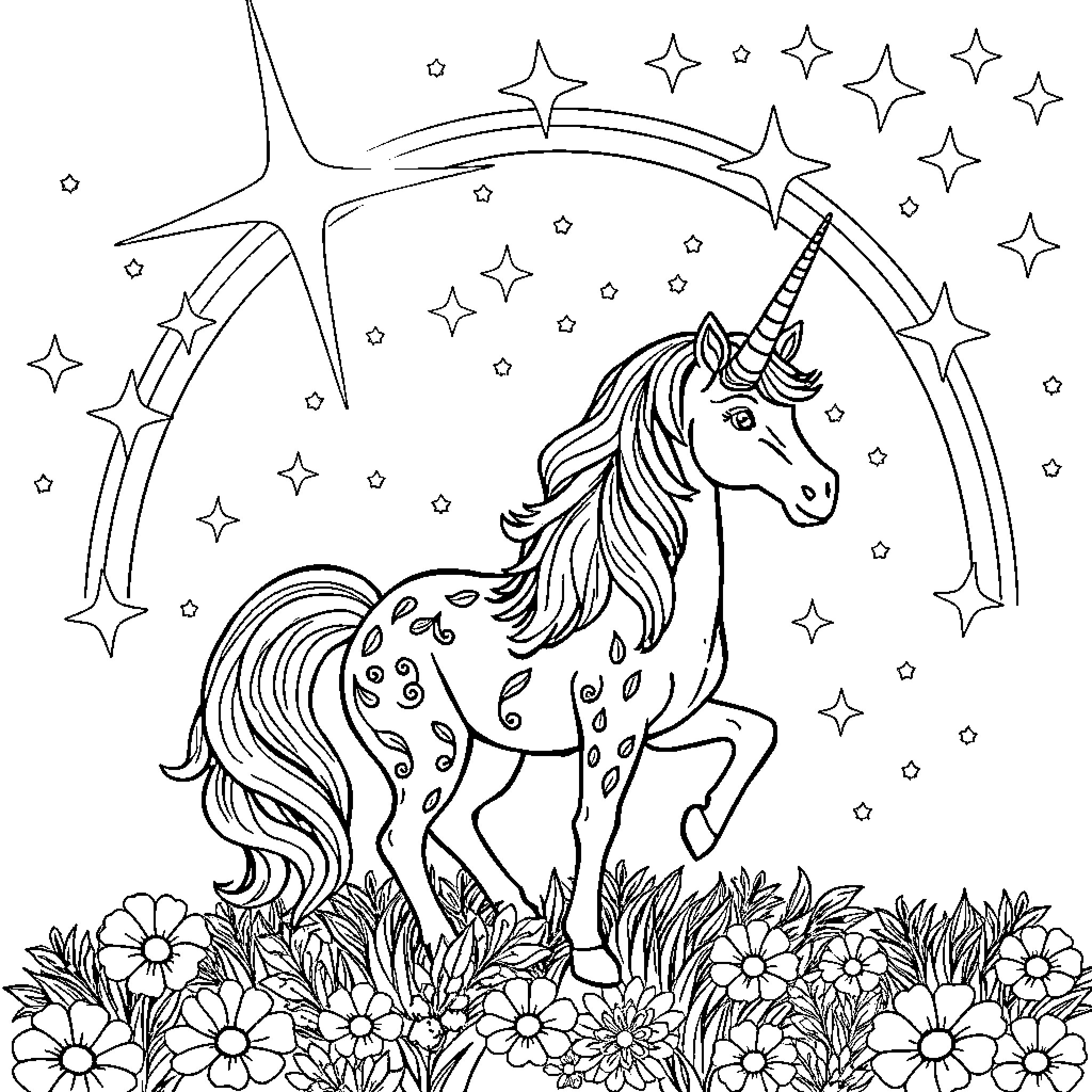 Licorne in a Magical Meadow Coloring Page (free black-and-white line drawing printable PDF for all, from beginners to advanced learners, including children, teens, adults, and seniors)