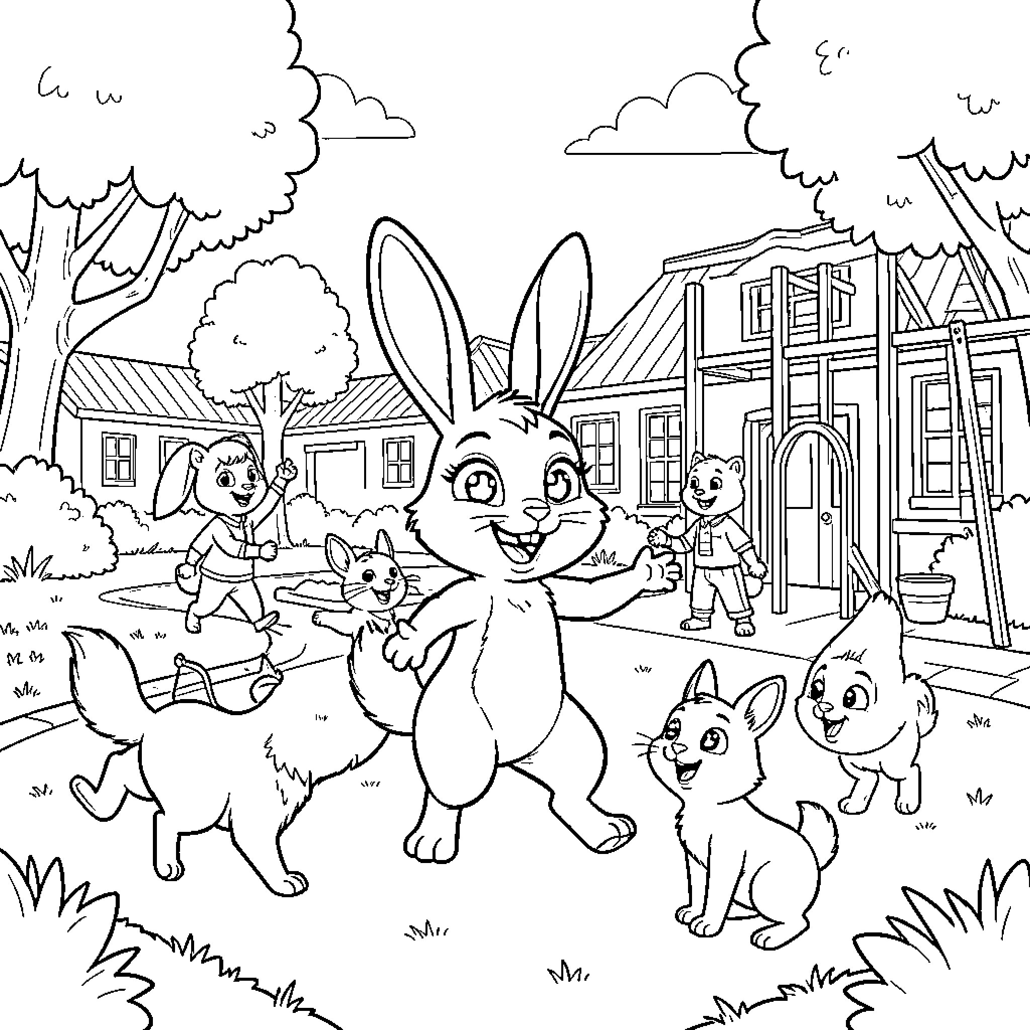 Conejita's fun day with animal friends in the town Coloring Page (free black-and-white line drawing printable PDF for all, from beginners to advanced learners, including children, teens, adults, and seniors)