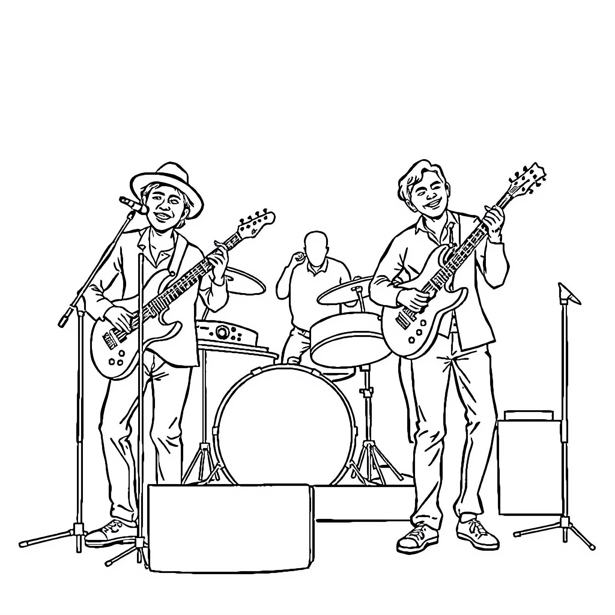 Penny Band Performing on Stage with Enthusiasm Coloring Page (free black-and-white line drawing printable PDF for all, from beginners to advanced learners, including children, teens, adults, and seniors)