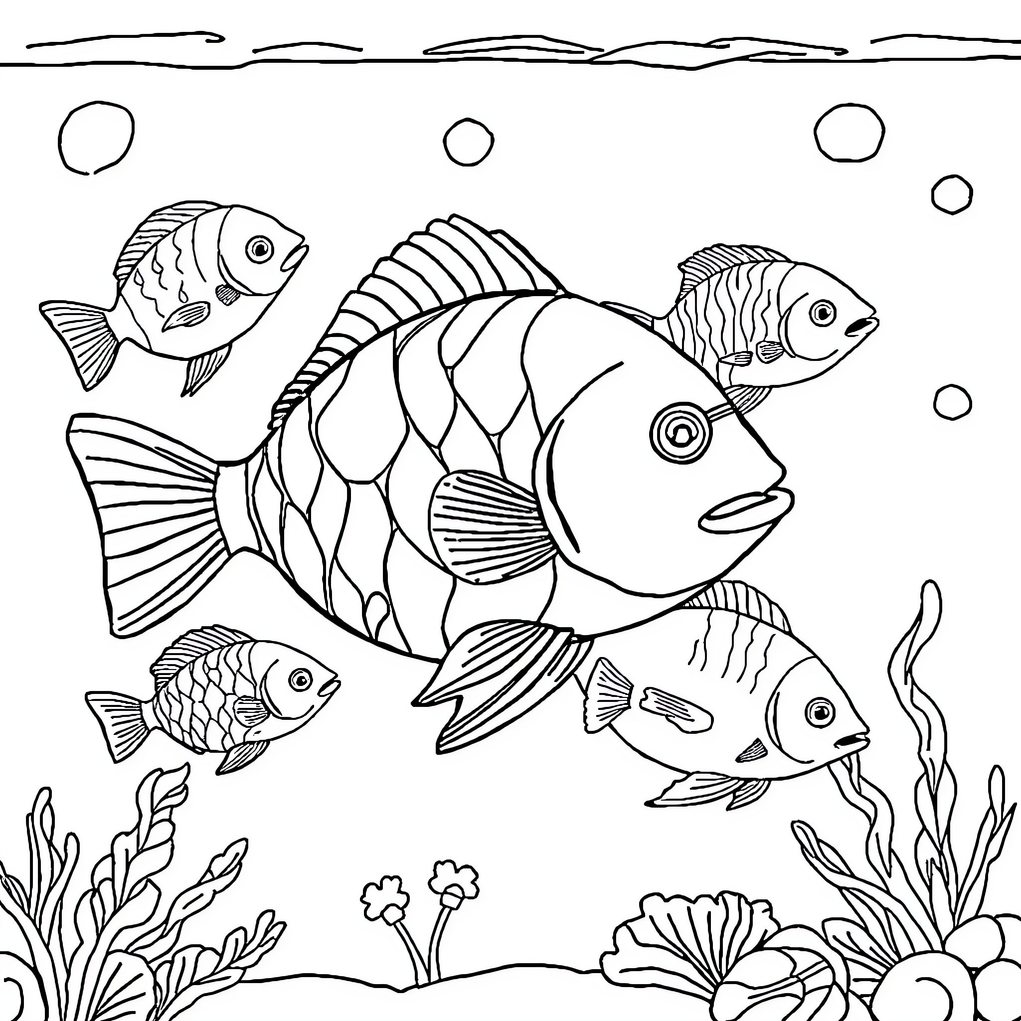 Fish swimming playfully in the underwater scene Coloring Page (free black-and-white line drawing printable PDF for all, from beginners to advanced learners, including children, teens, adults, and seniors)
