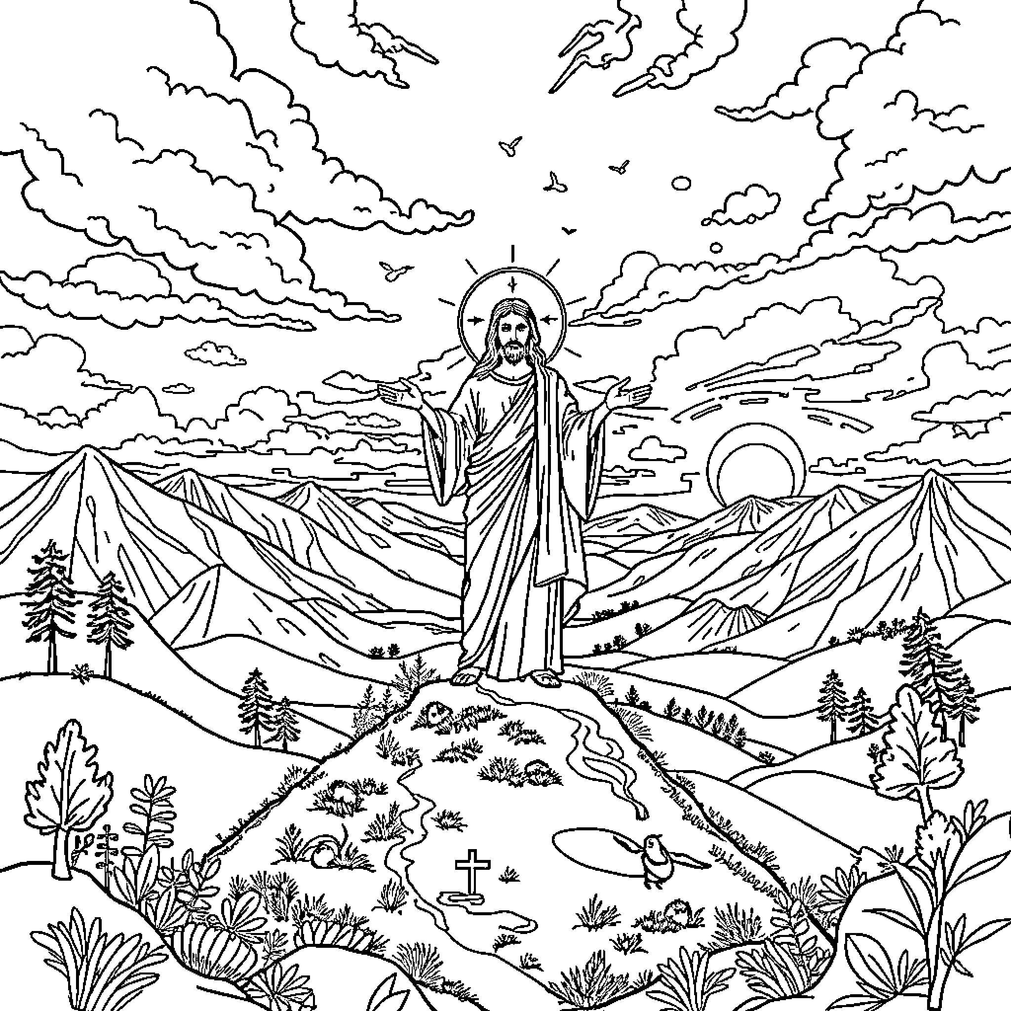 Jesus amidst the mountains and clouds Coloring Page (free black-and-white line drawing printable PDF for all, from beginners to advanced learners, including children, teens, adults, and seniors)
