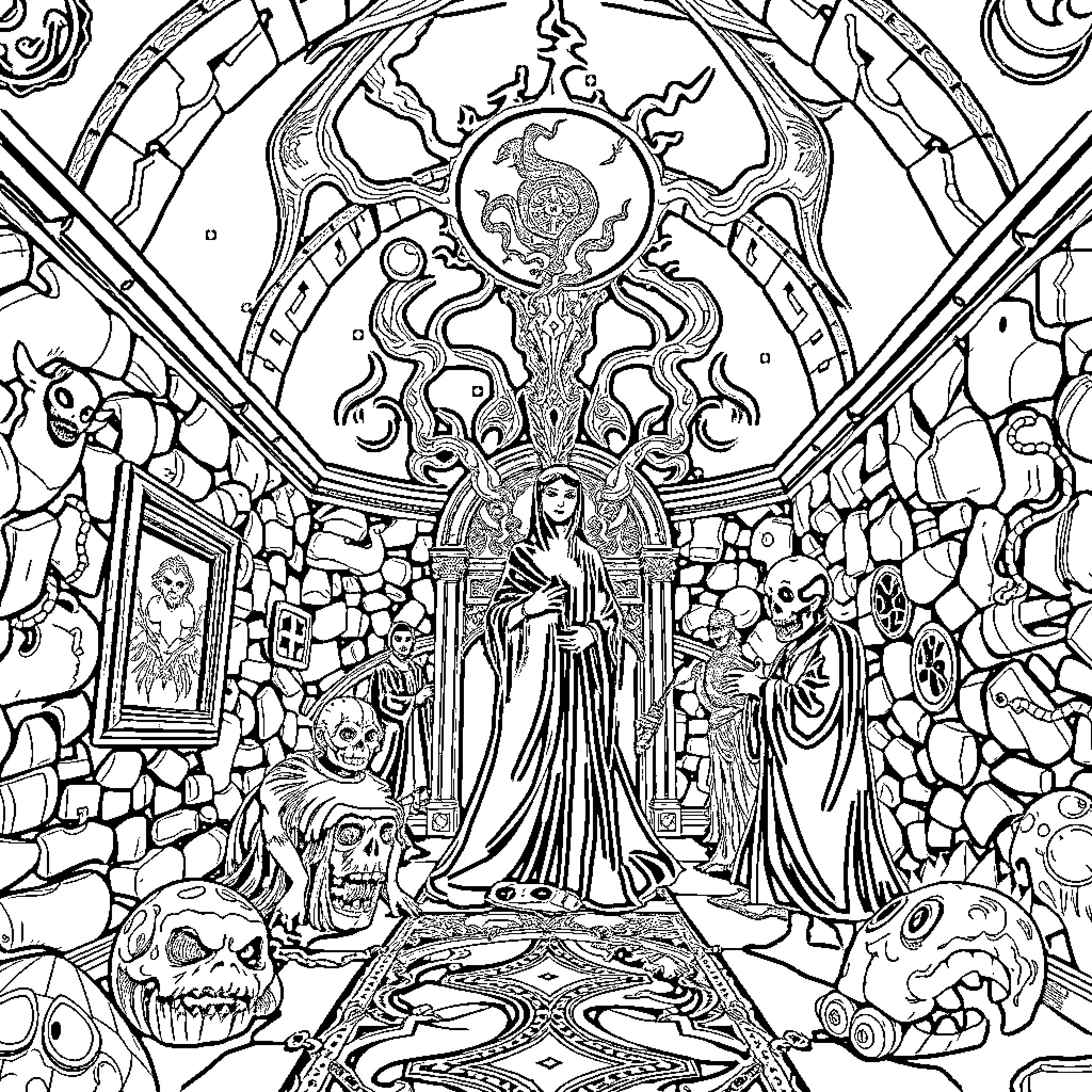 Átomo: Mystical realm with enigmatic figures and celestial elements Coloring Page (free black-and-white line drawing printable PDF for all, from beginners to advanced learners, including children, teens, adults, and seniors)
