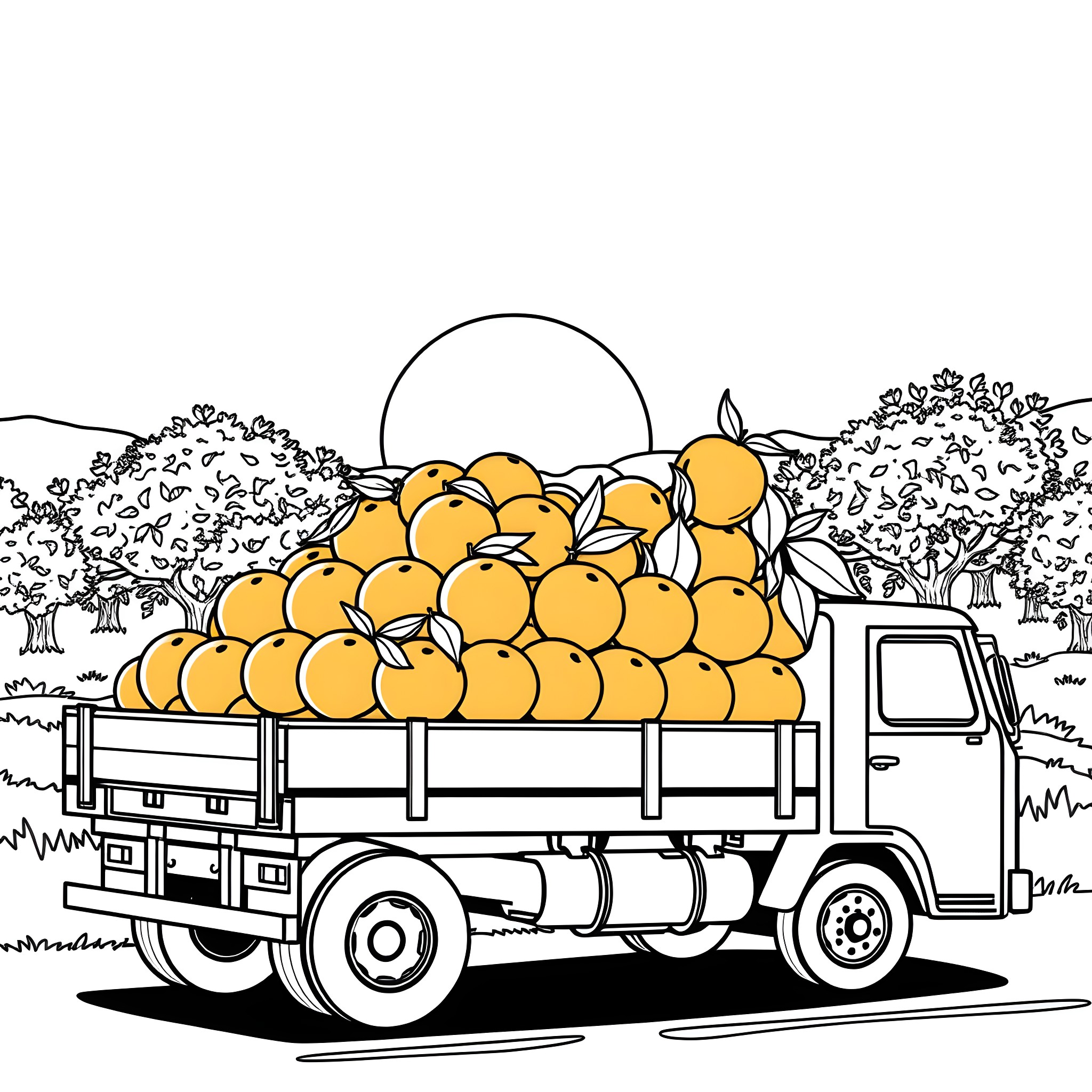 Truck transporting citrus fruits in rural landscape Coloring Page (free black-and-white line drawing printable PDF for all, from beginners to advanced learners, including children, teens, adults, and seniors)