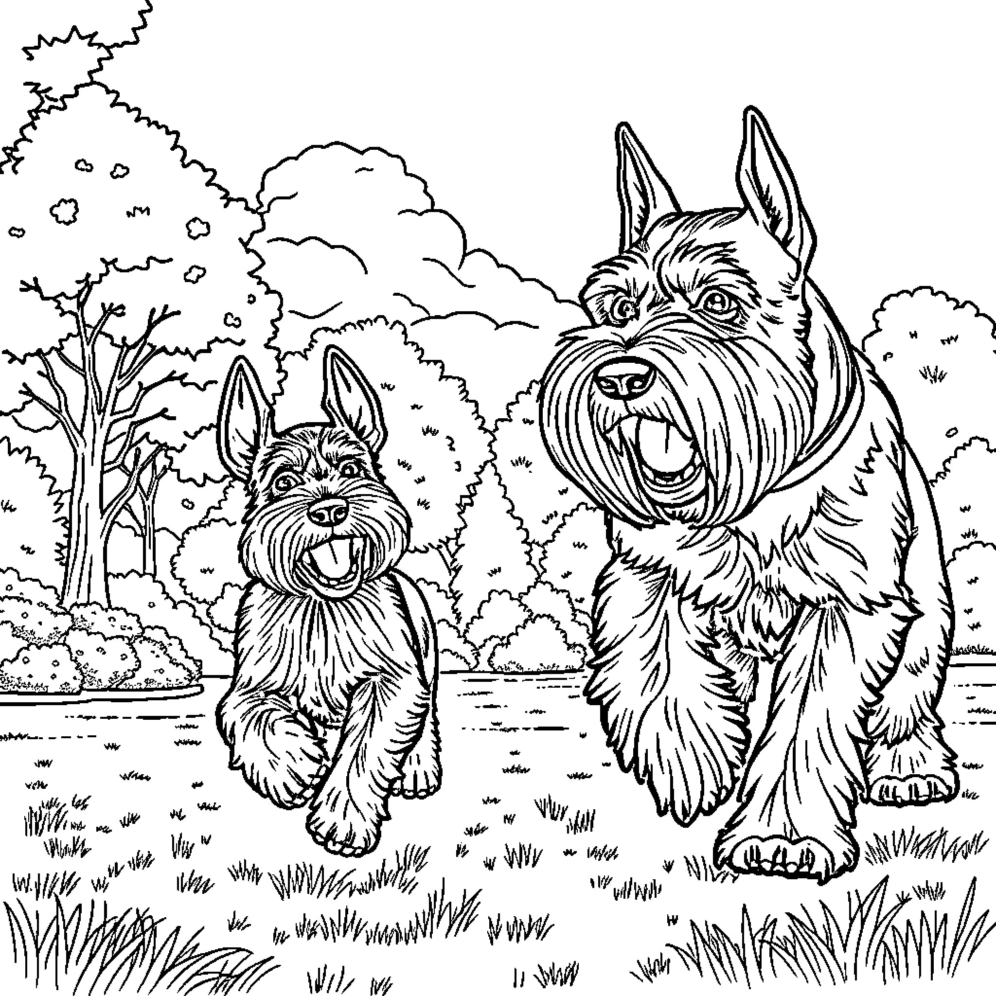 Schnauzer Pals Frolicking in Scenic Outdoors Coloring Page (free black-and-white line drawing printable PDF for all, from beginners to advanced learners, including children, teens, adults, and seniors)