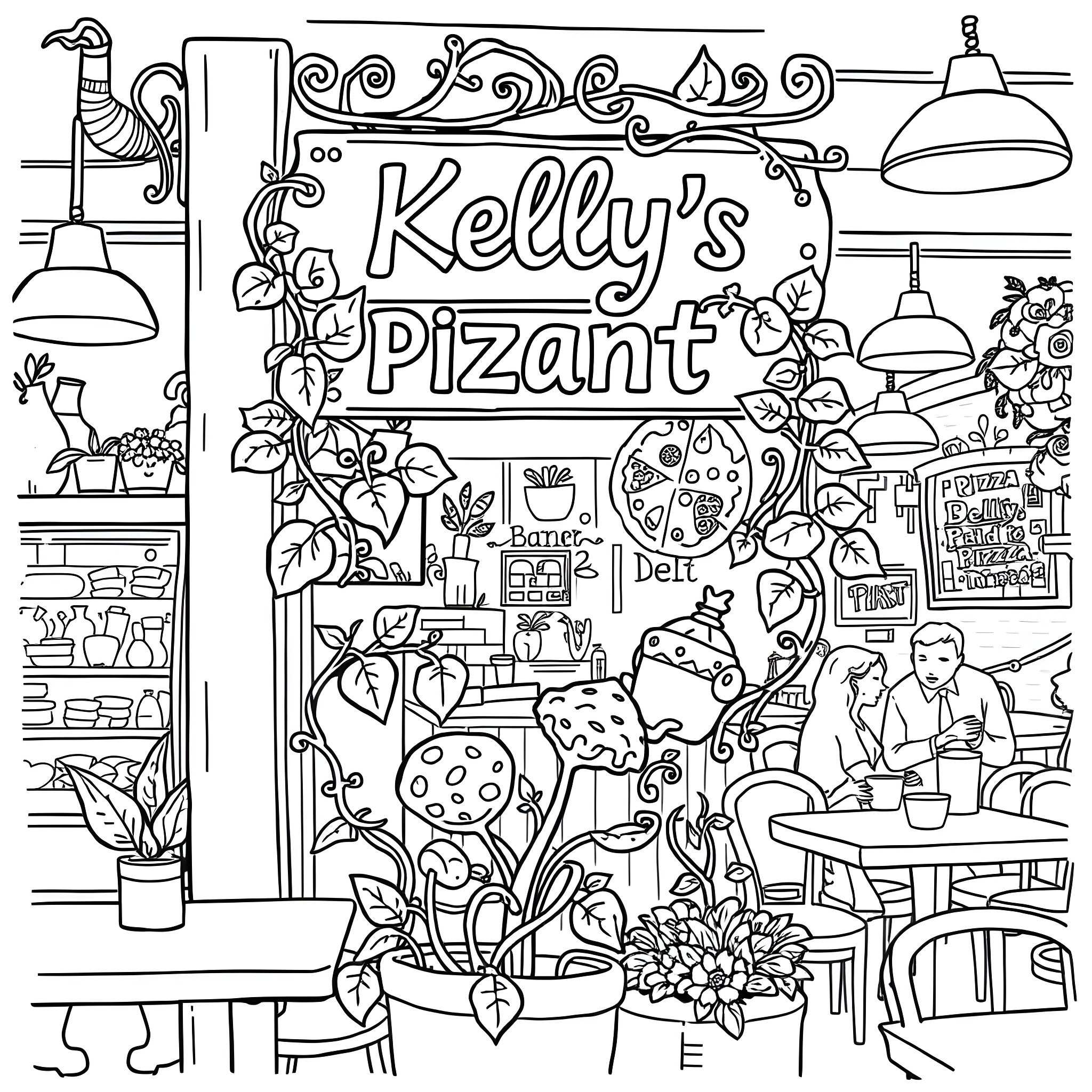 Sign depicting a Vibrant Pizzeria Scene Coloring Page (free black-and-white line drawing printable PDF for all, from beginners to advanced learners, including children, teens, adults, and seniors)