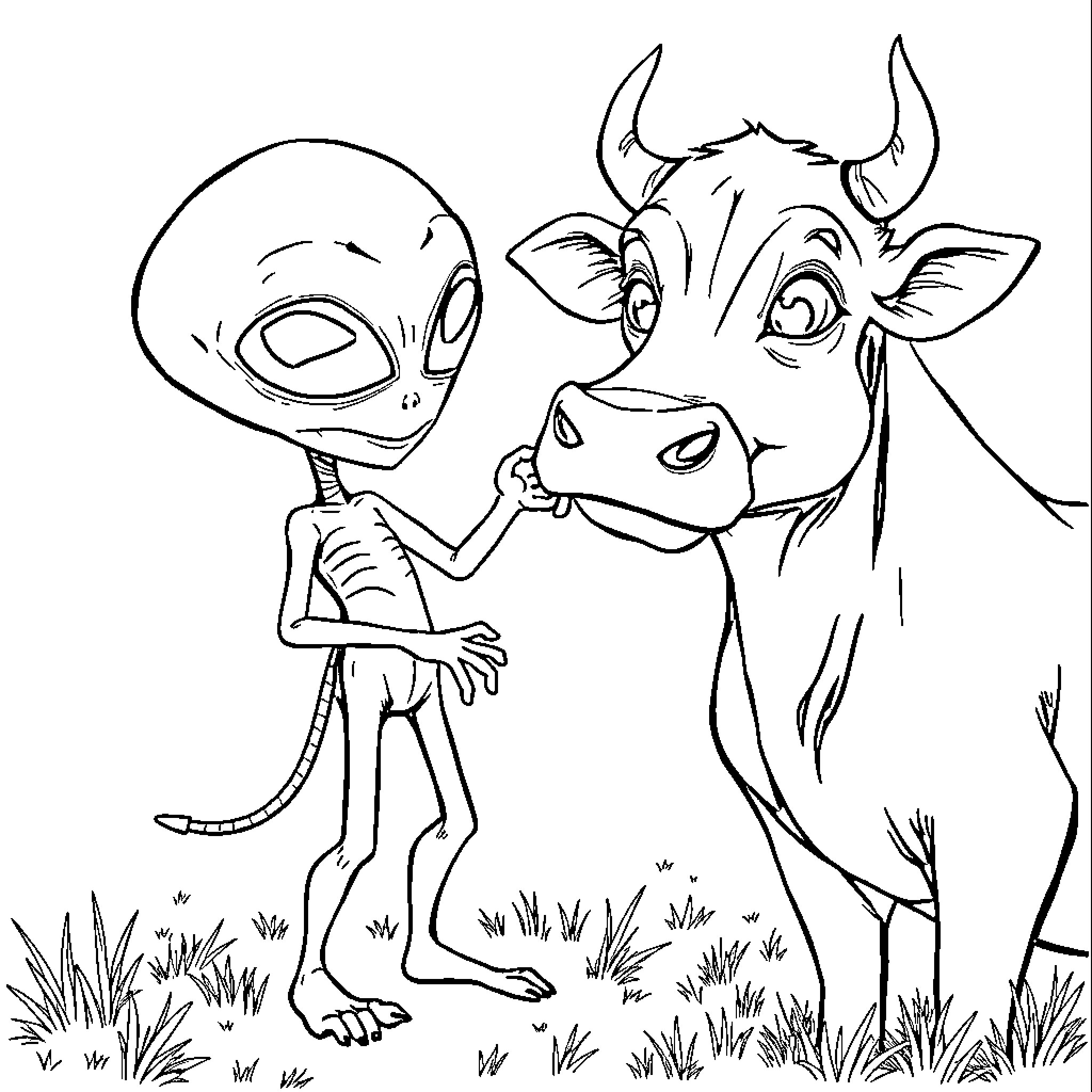 Alien interacts curiously with friendly bovine creature Coloring Page (free black-and-white line drawing printable PDF for all, from beginners to advanced learners, including children, teens, adults, and seniors)