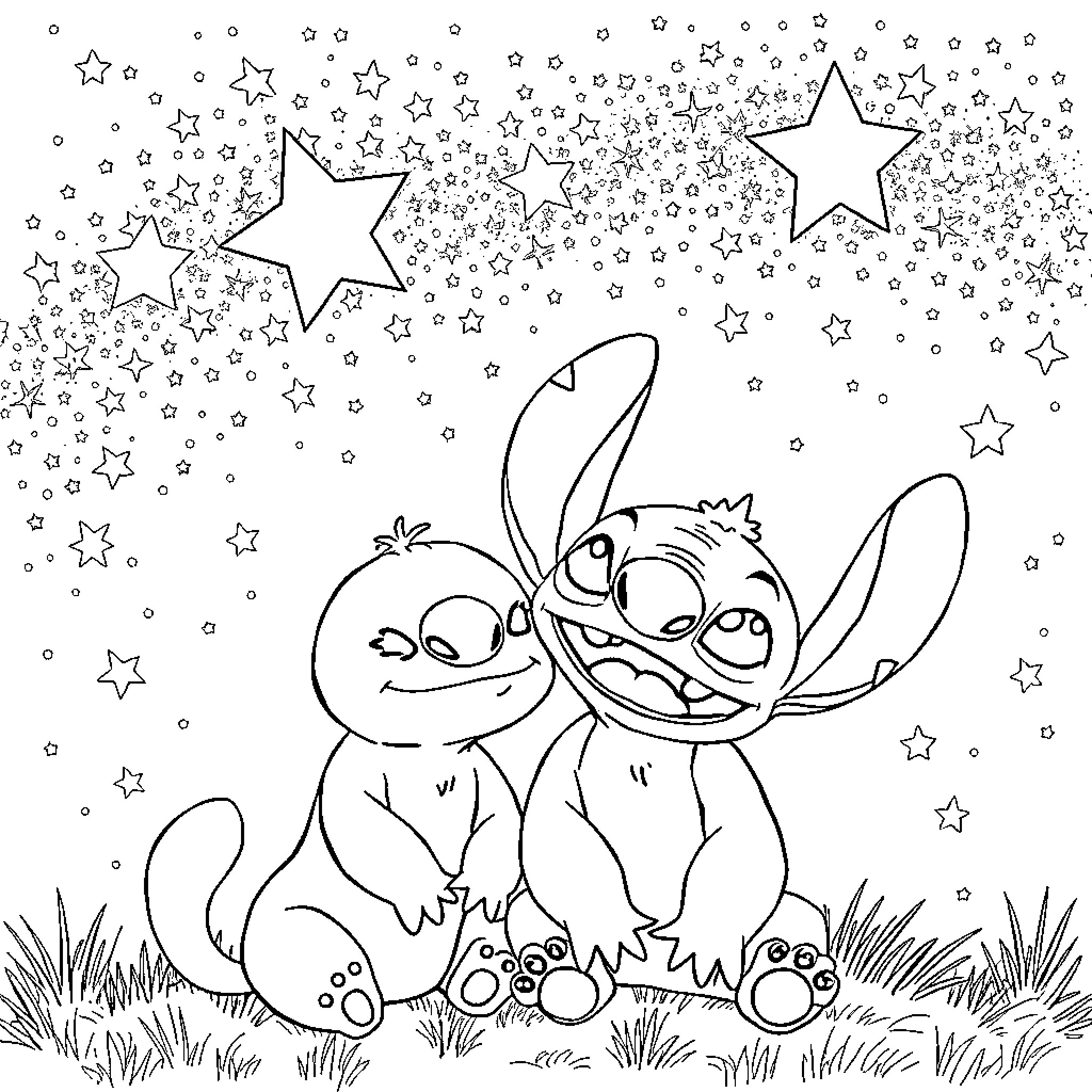 Labubu's Starry Night Playtime Coloring Page (free black-and-white line drawing printable PDF for all, from beginners to advanced learners, including children, teens, adults, and seniors)