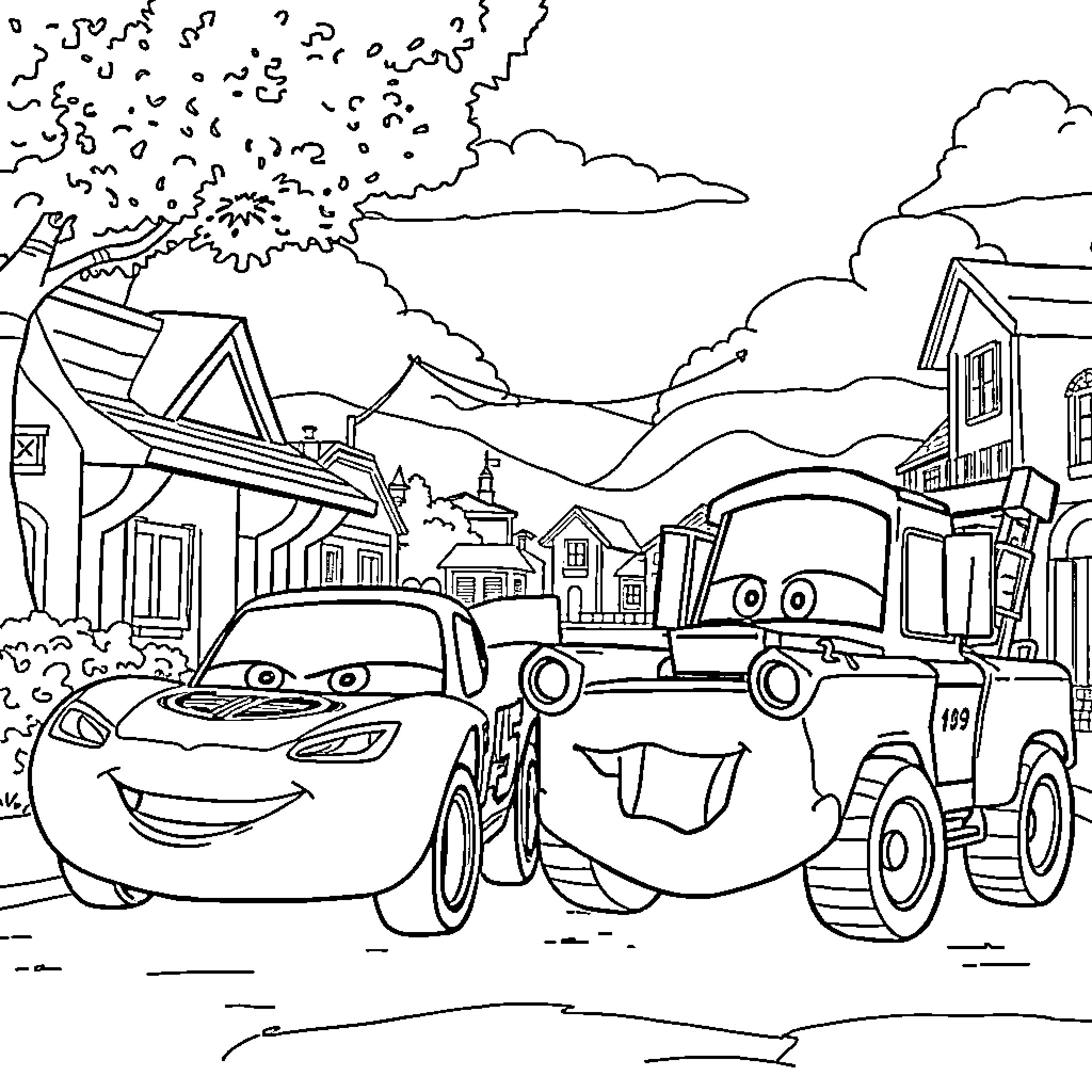 Lightning McQueen and Mater in the town Coloring Page (free black-and-white line drawing printable PDF for all, from beginners to advanced learners, including children, teens, adults, and seniors)