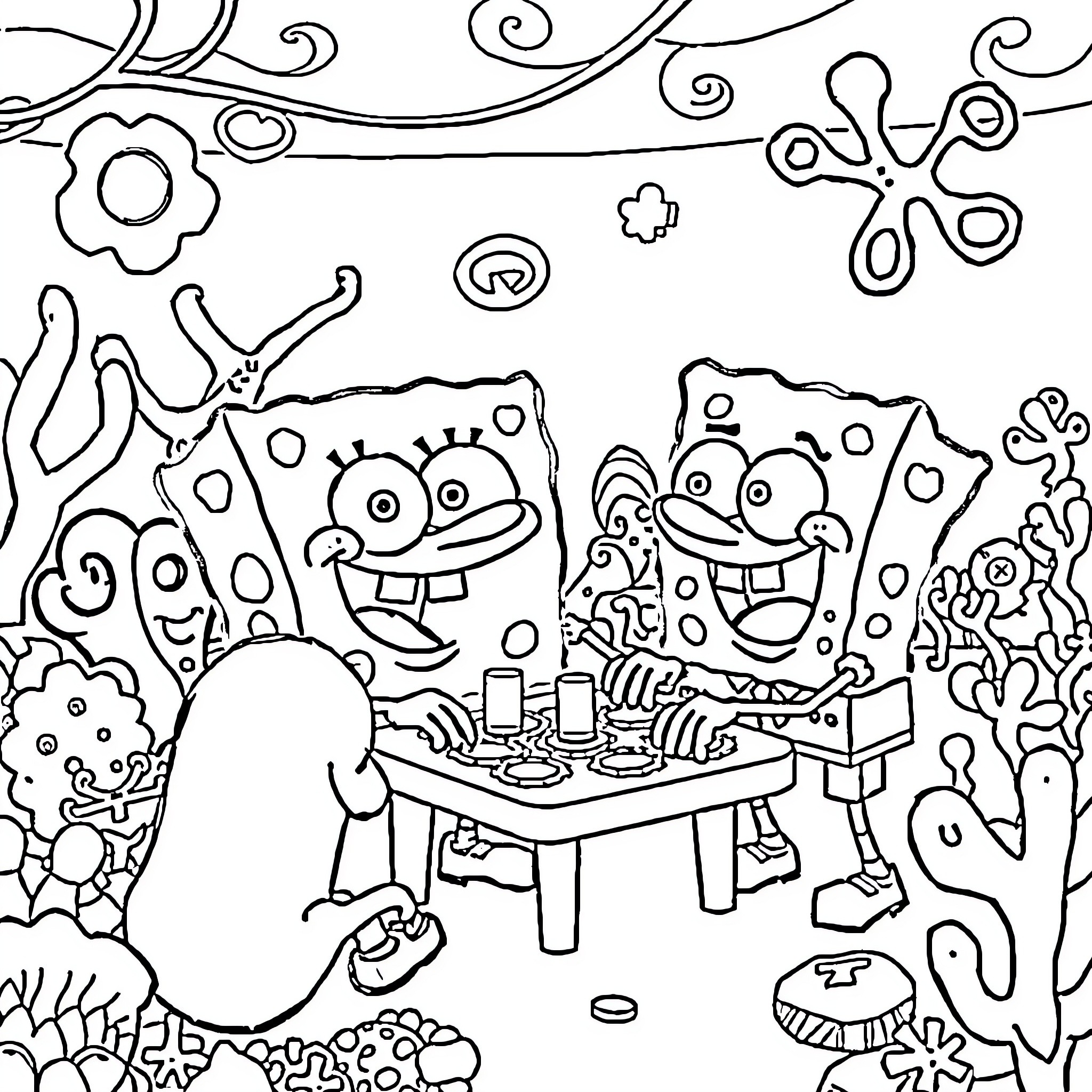 Spongebob and friends playing happily together Coloring Page (free black-and-white line drawing printable PDF for all, from beginners to advanced learners, including children, teens, adults, and seniors)