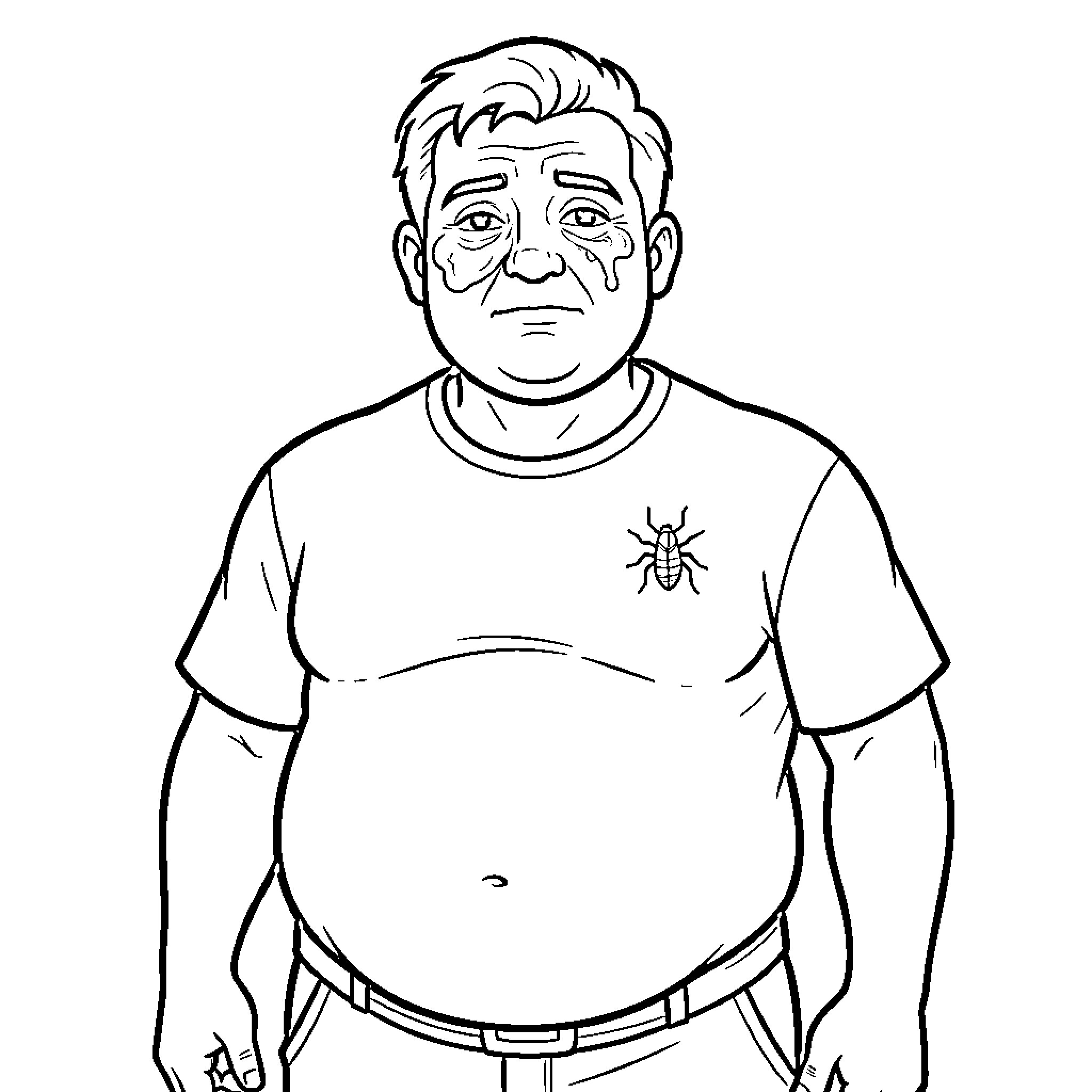 Hombre con expresión preocupada y camiseta con insecto Coloring Page (free black-and-white line drawing printable PDF for all, from beginners to advanced learners, including children, teens, adults, and seniors)