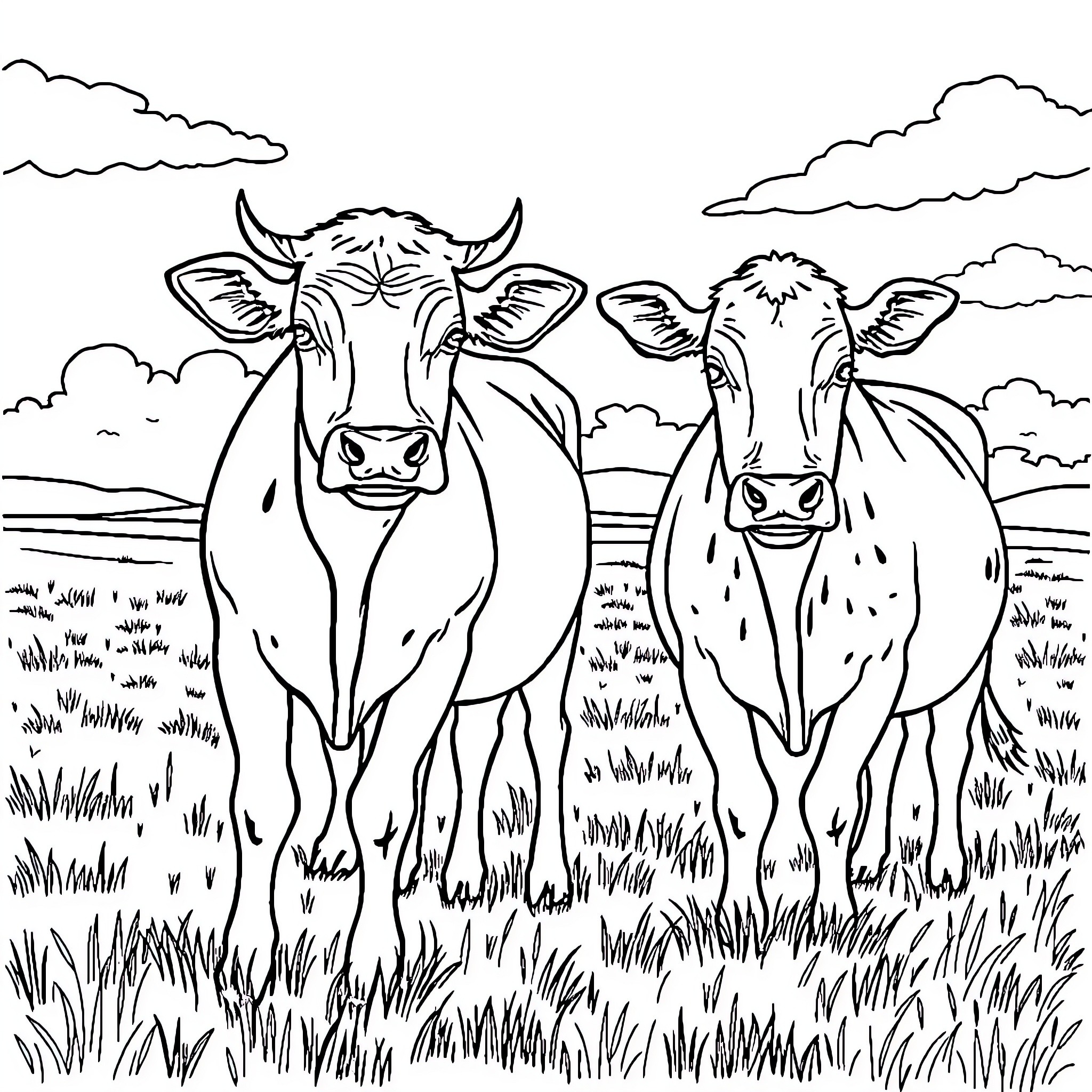 Cows standing in a grassy field Coloring Page (free black-and-white line drawing printable PDF for all, from beginners to advanced learners, including children, teens, adults, and seniors)