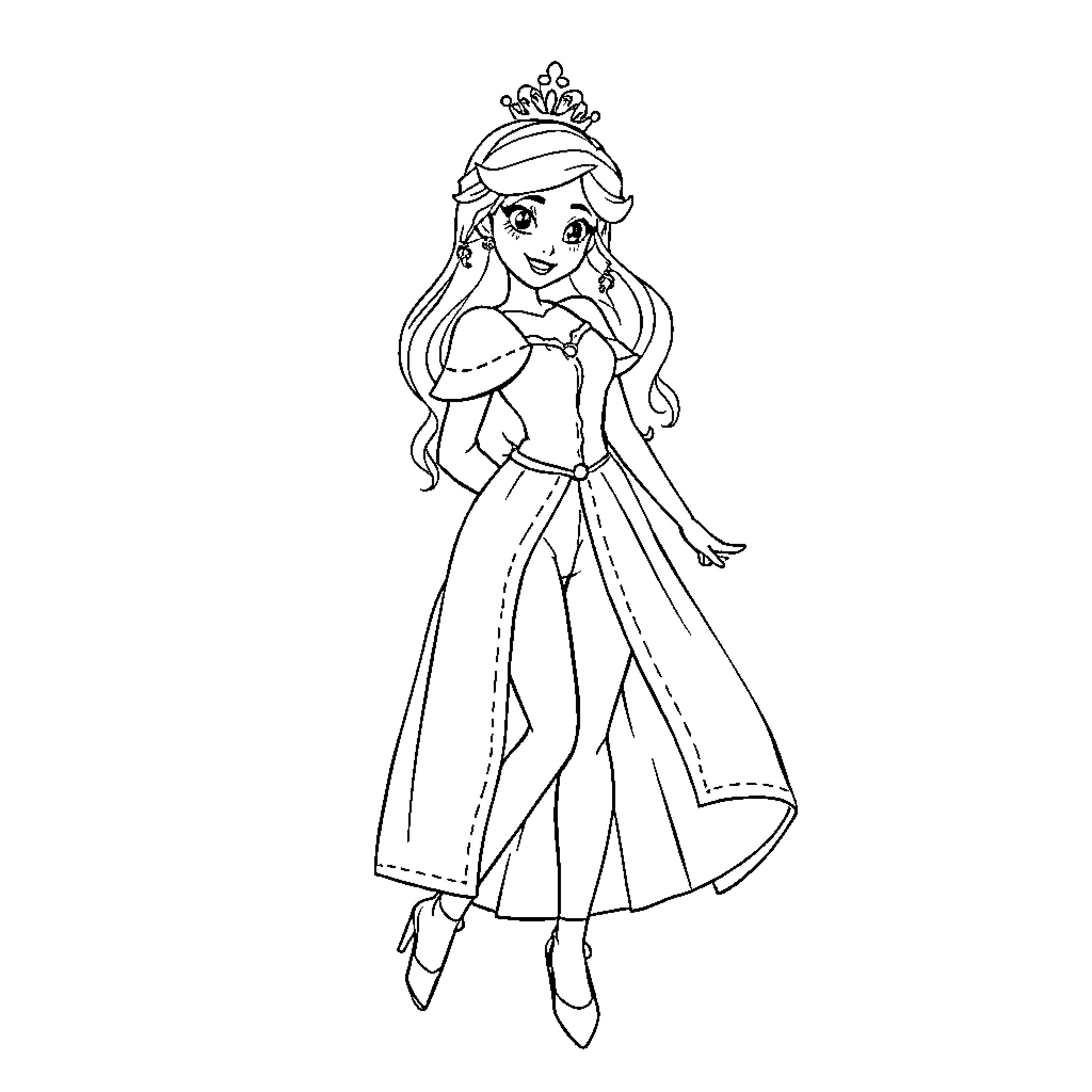 Disney Princess in Elegant Formal Attire Coloring Page (free black-and-white line drawing printable PDF for all, from beginners to advanced learners, including children, teens, adults, and seniors)
