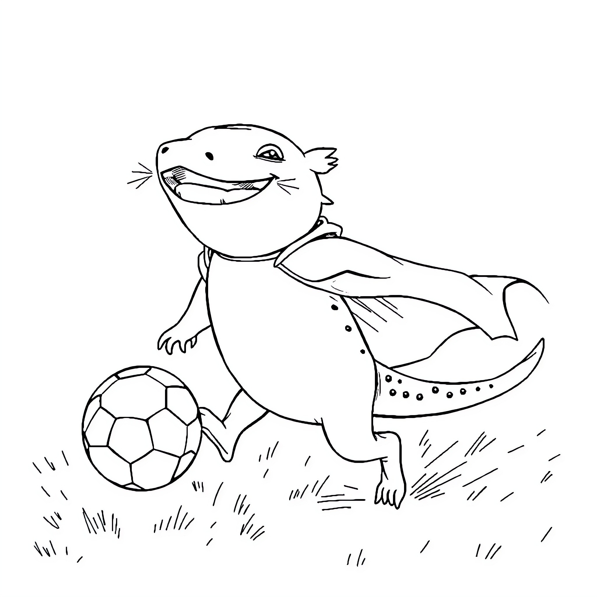 Axolotl playing with soccer ball Coloring Page (free black-and-white line drawing printable PDF for all, from beginners to advanced learners, including children, teens, adults, and seniors)