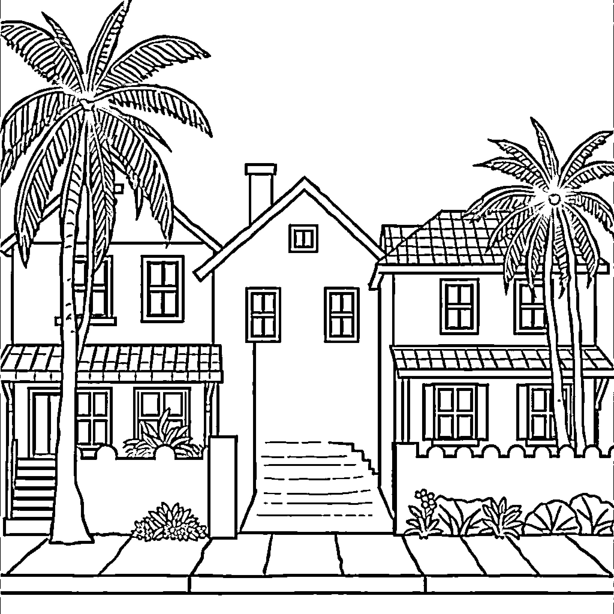 House with palm trees in tropical setting Coloring Page (free black-and-white line drawing printable PDF for all, from beginners to advanced learners, including children, teens, adults, and seniors)
