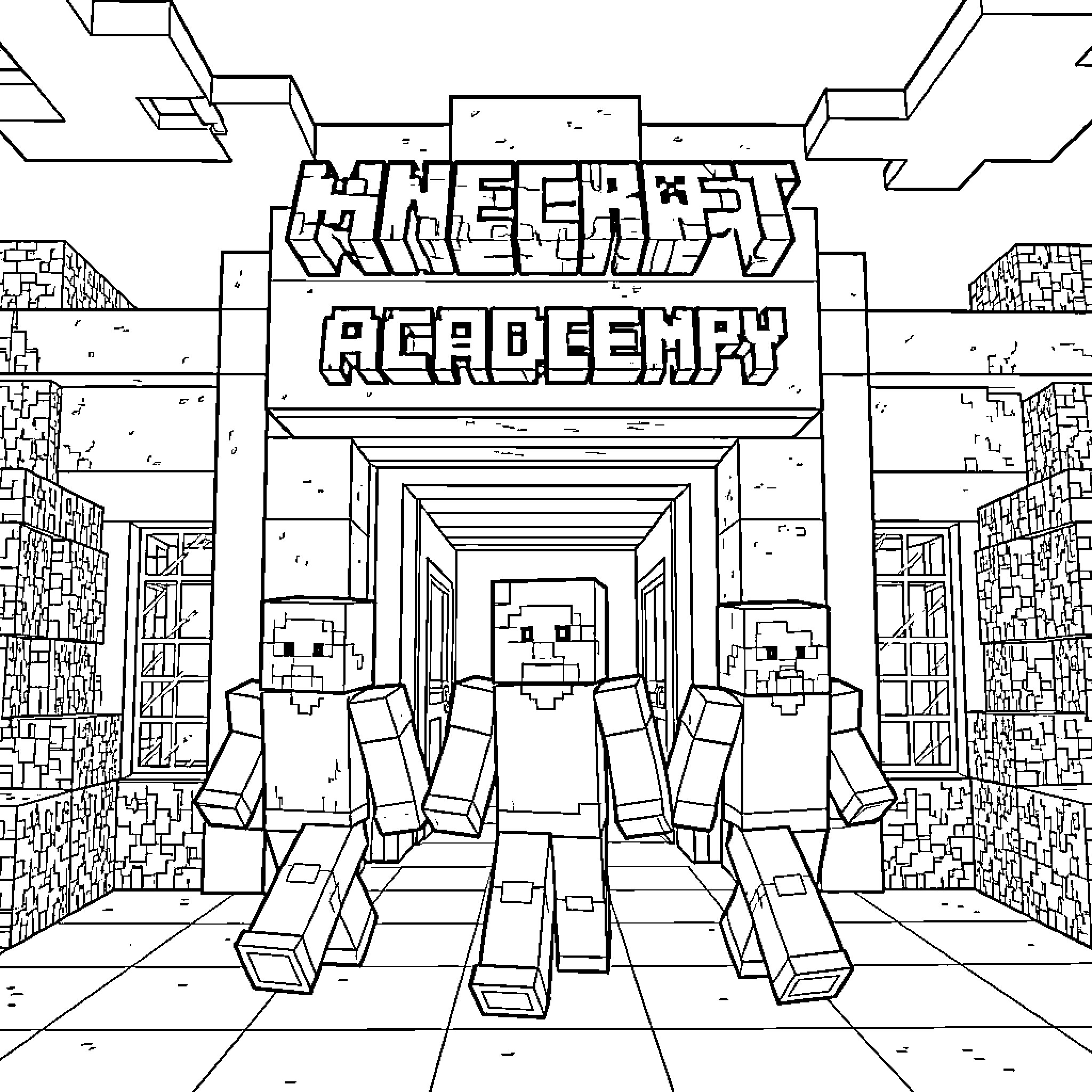 Minecraft Player characters walking through school hallway Coloring Page (free black-and-white line drawing printable PDF for all, from beginners to advanced learners, including children, teens, adults, and seniors)