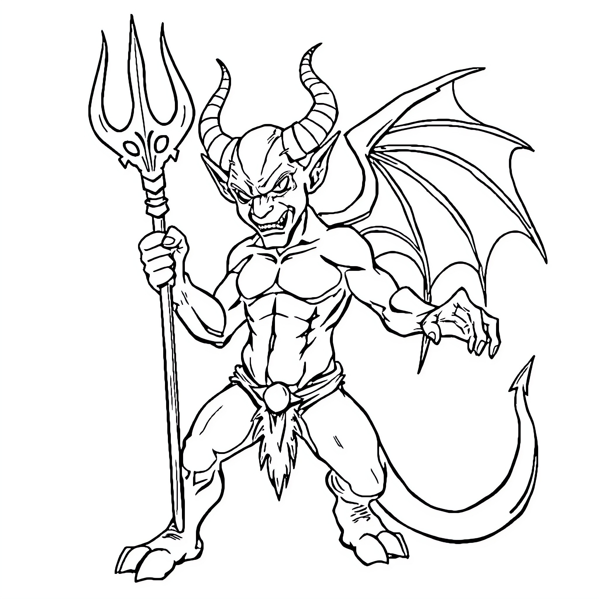 Devil-like creature wielding a trident with menacing expression Coloring Page (free black-and-white line drawing printable PDF for all, from beginners to advanced learners, including children, teens, adults, and seniors)
