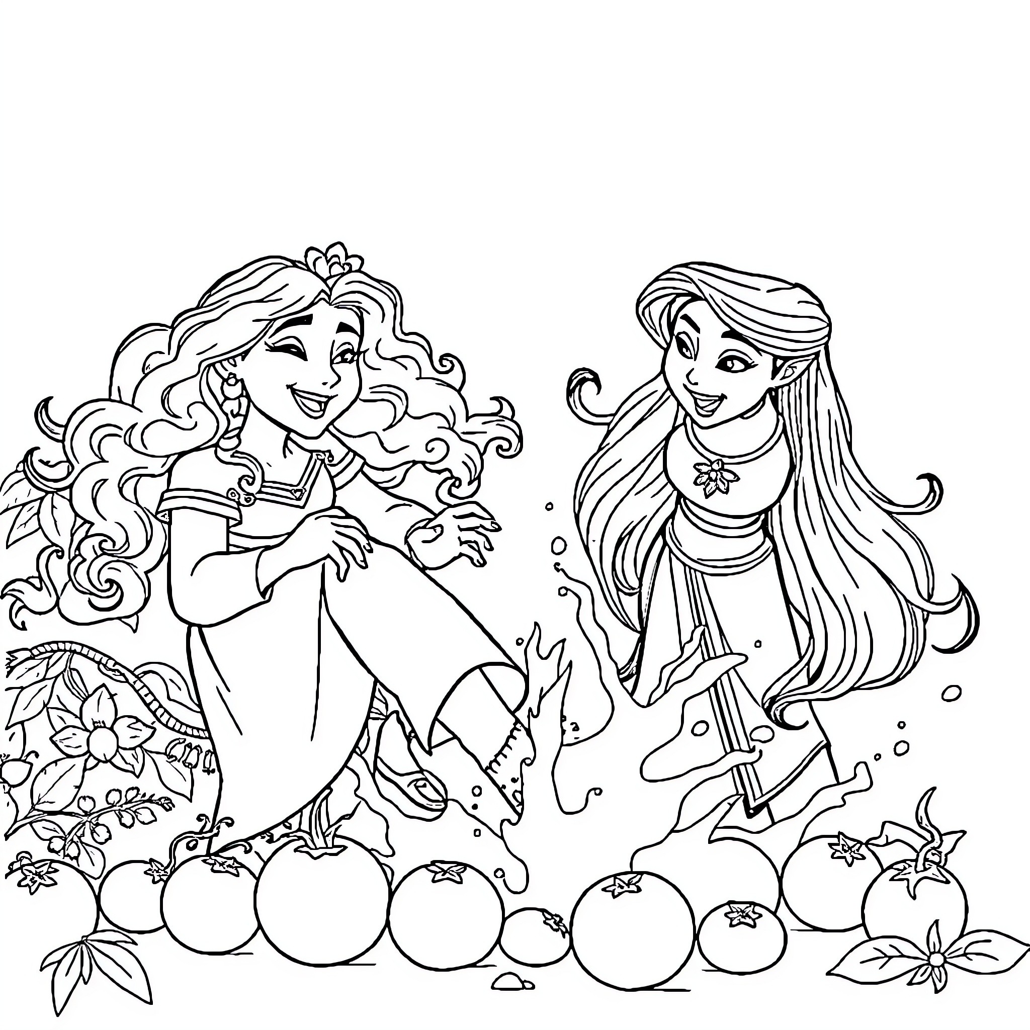 Princesses enjoying a whimsical garden scene Coloring Page (free black-and-white line drawing printable PDF for all, from beginners to advanced learners, including children, teens, adults, and seniors)