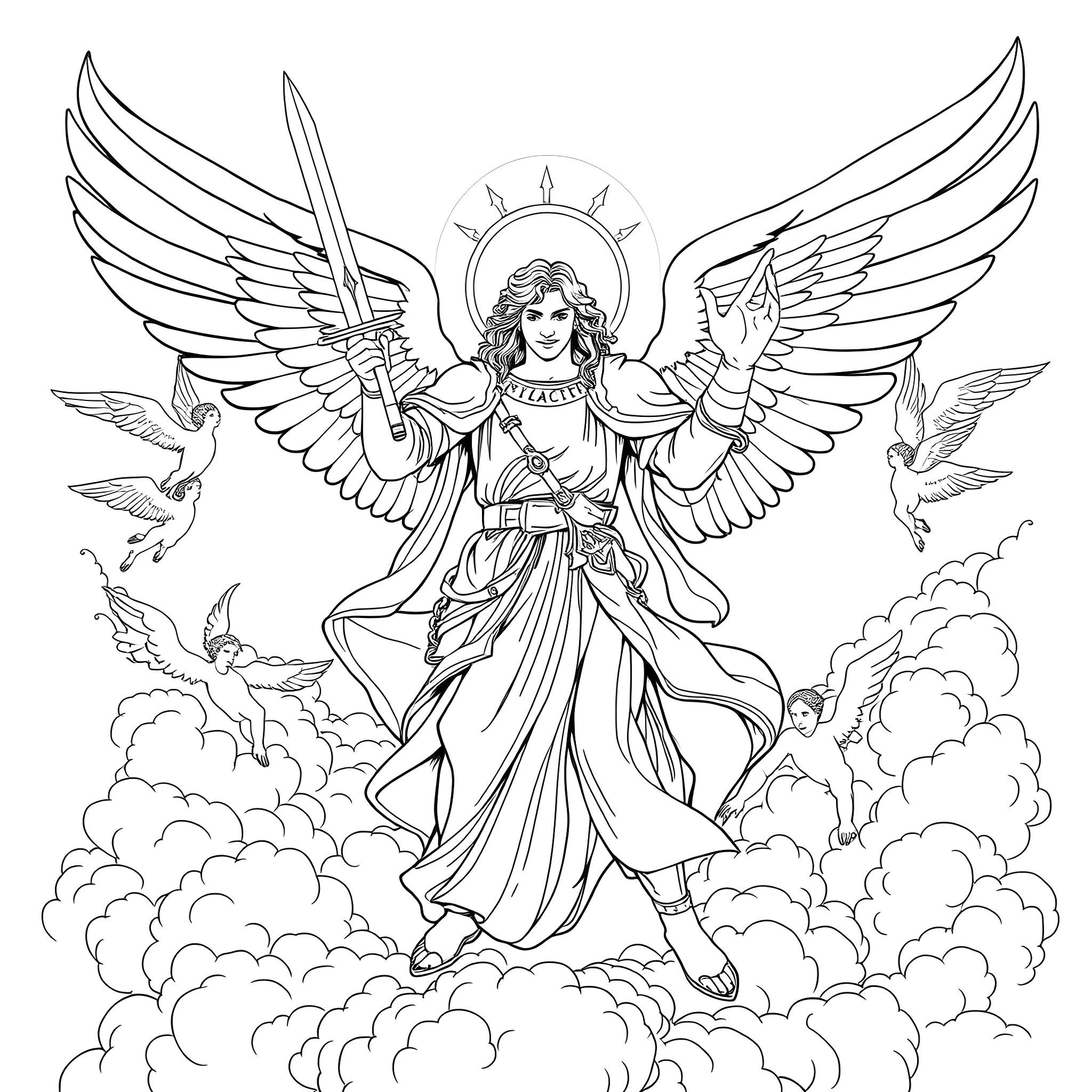 Saint Michael the Archangel in Heavenly Glory Coloring Page (free black-and-white line drawing printable PDF for all, from beginners to advanced learners, including children, teens, adults, and seniors)