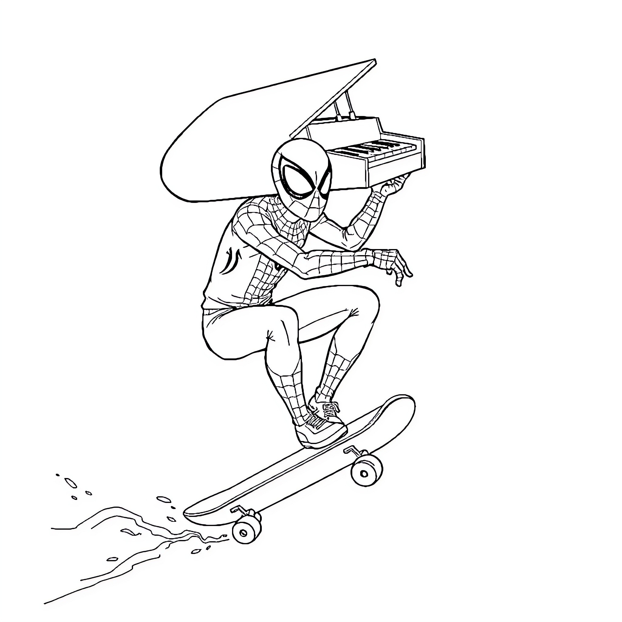 Spiderman skateboarding with electric keyboard Coloring Page (free black-and-white line drawing printable PDF for all, from beginners to advanced learners, including children, teens, adults, and seniors)