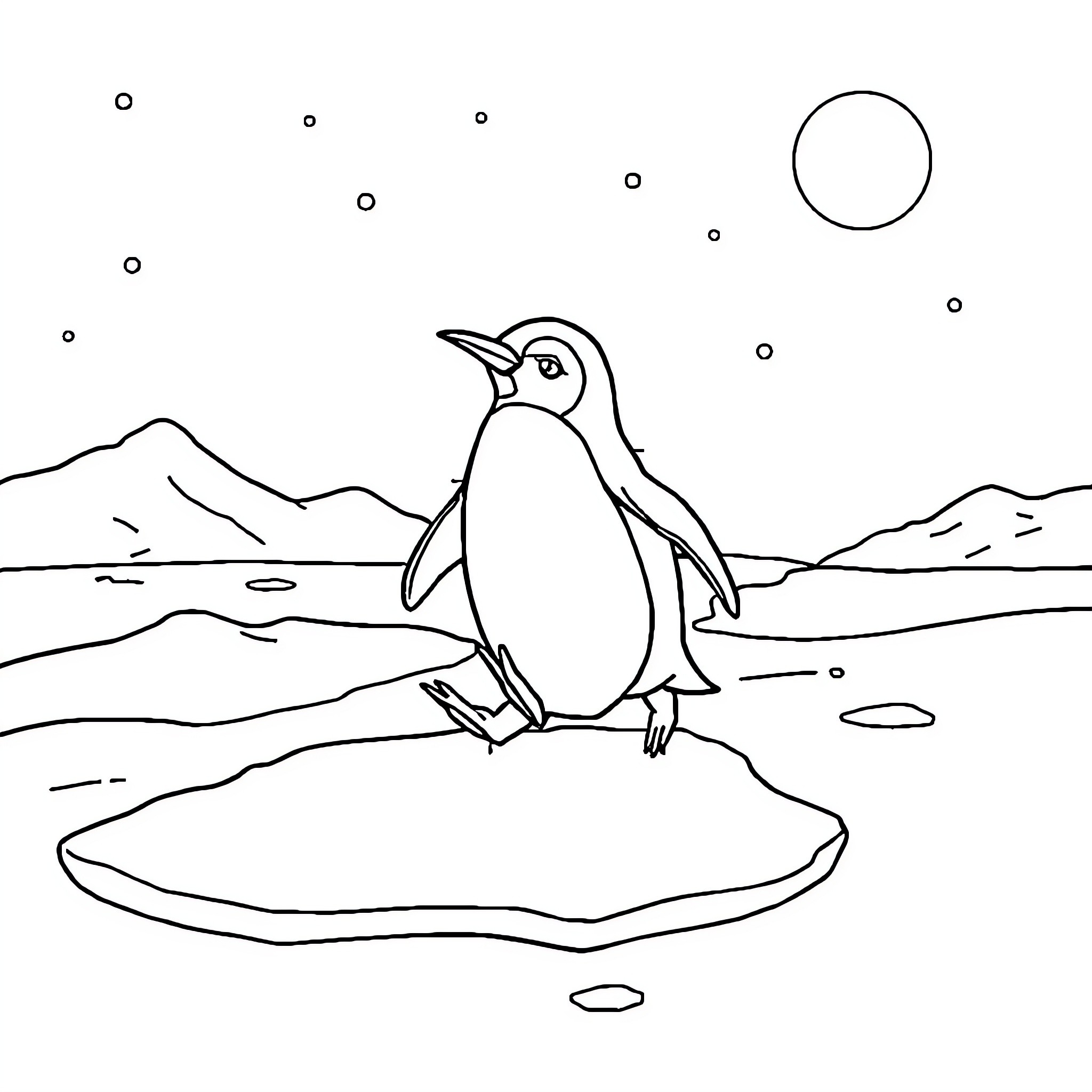 Penguin standing on ice floe in snowy landscape Coloring Page (free black-and-white line drawing printable PDF for all, from beginners to advanced learners, including children, teens, adults, and seniors)