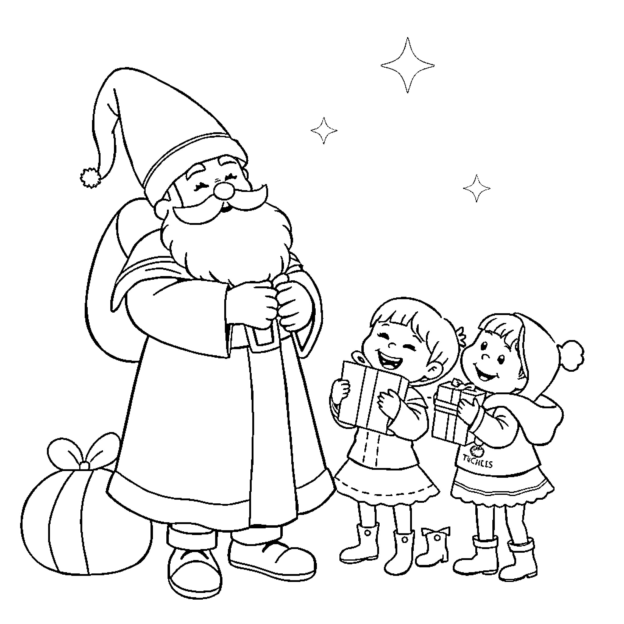 Saint Nicholas Visiting with Children on Christmas Eve Coloring Page (free black-and-white line drawing printable PDF for all, from beginners to advanced learners, including children, teens, adults, and seniors)