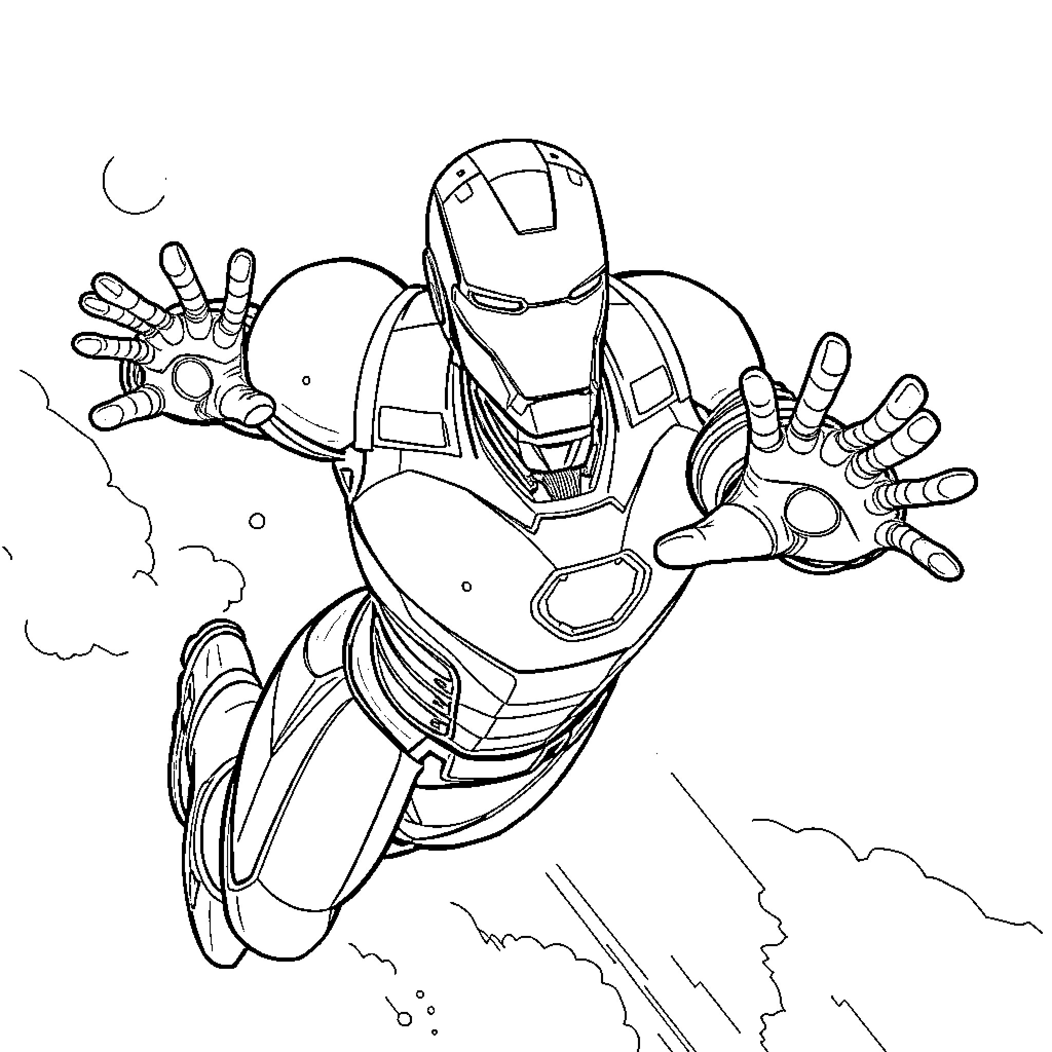 Iron Man in dramatic action pose Coloring Page (free black-and-white line drawing printable PDF for all, from beginners to advanced learners, including children, teens, adults, and seniors)