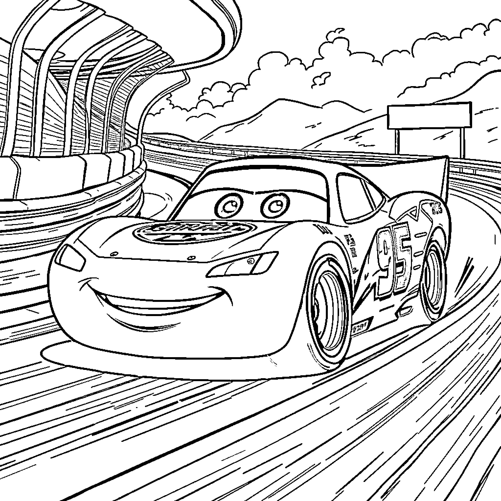 Lightning McQueen speeding through the race track Coloring Page (free black-and-white line drawing printable PDF for all, from beginners to advanced learners, including children, teens, adults, and seniors)