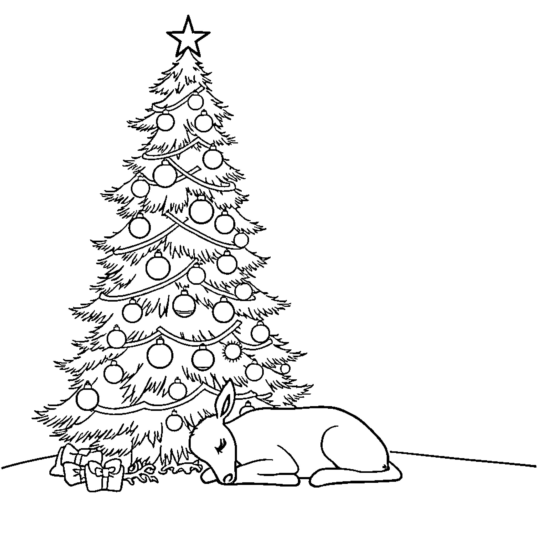 Tree with ornaments and sleeping bunny Coloring Page (free black-and-white line drawing printable PDF for all, from beginners to advanced learners, including children, teens, adults, and seniors)