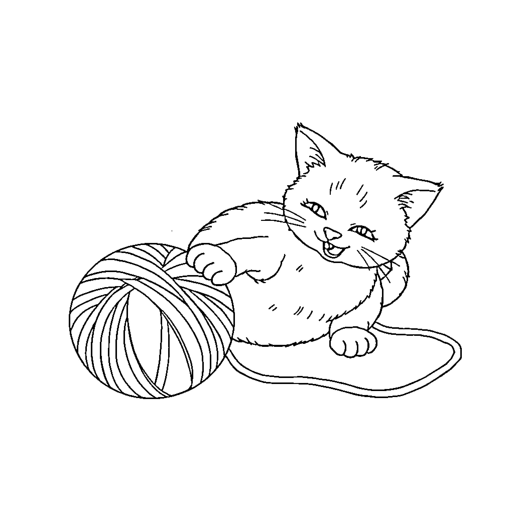 Gato playing with yarn and thread Coloring Page (free black-and-white line drawing printable PDF for all, from beginners to advanced learners, including children, teens, adults, and seniors)