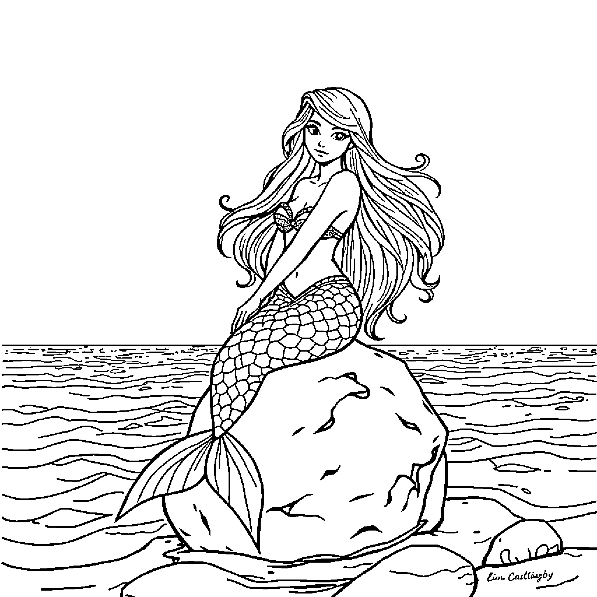 Sirenita resting on a rock by the ocean Coloring Page (free black-and-white line drawing printable PDF for all, from beginners to advanced learners, including children, teens, adults, and seniors)