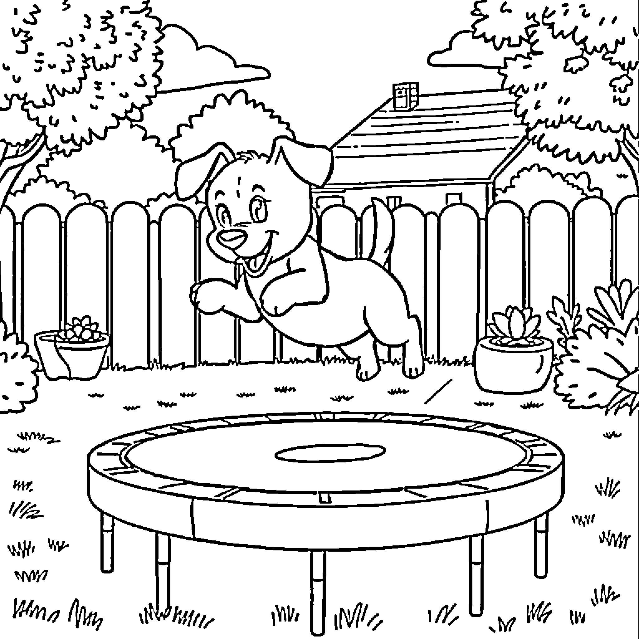 Bluey plays happily in the backyard Coloring Page (free black-and-white line drawing printable PDF for all, from beginners to advanced learners, including children, teens, adults, and seniors)