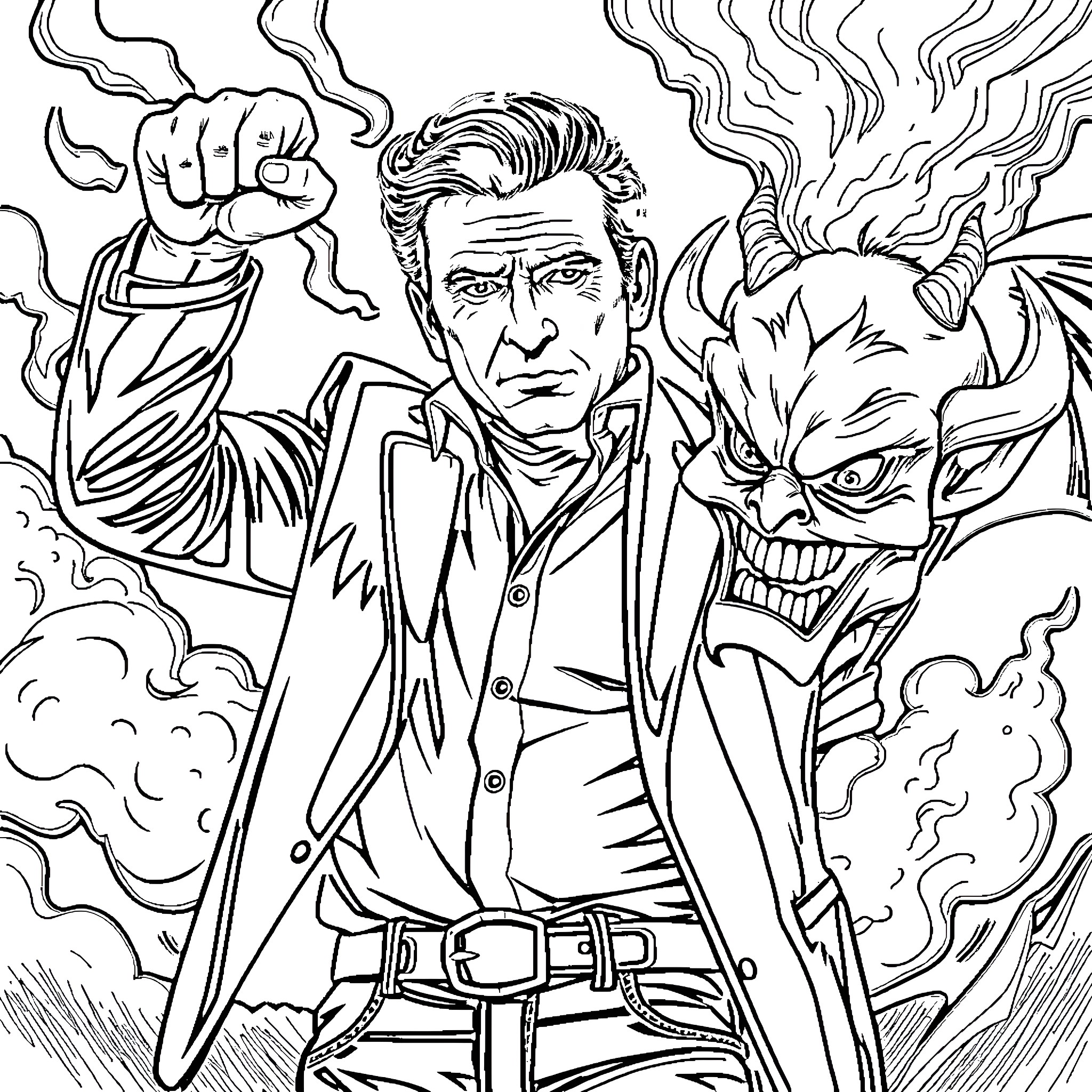 Johnny Cash battling the demonic forces Coloring Page (free black-and-white line drawing printable PDF for all, from beginners to advanced learners, including children, teens, adults, and seniors)