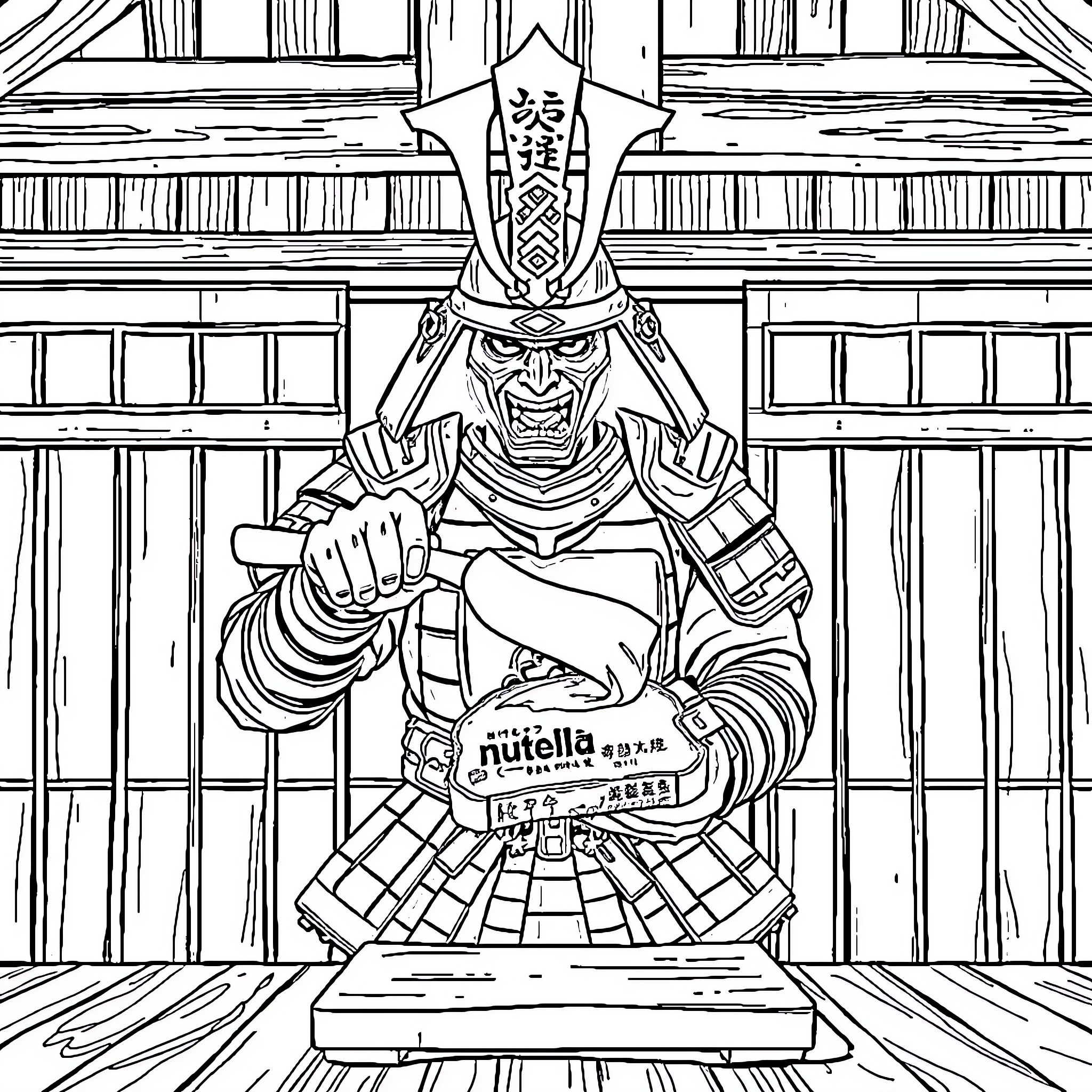 Samurai Warrior with Nutella Jar Coloring Page (free black-and-white line drawing printable PDF for all, from beginners to advanced learners, including children, teens, adults, and seniors)