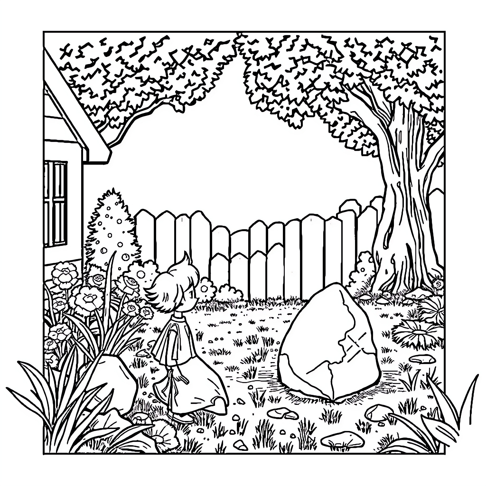 Luna's Enchanted Garden Exploration Coloring Page (free black-and-white line drawing printable PDF for all, from beginners to advanced learners, including children, teens, adults, and seniors)