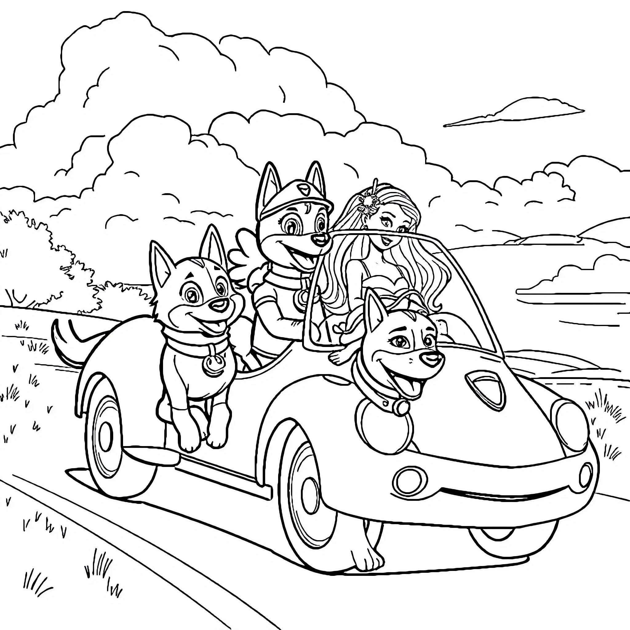Paw Patrol and Barbie go on an adventure Coloring Page (free black-and-white line drawing printable PDF for all, from beginners to advanced learners, including children, teens, adults, and seniors)