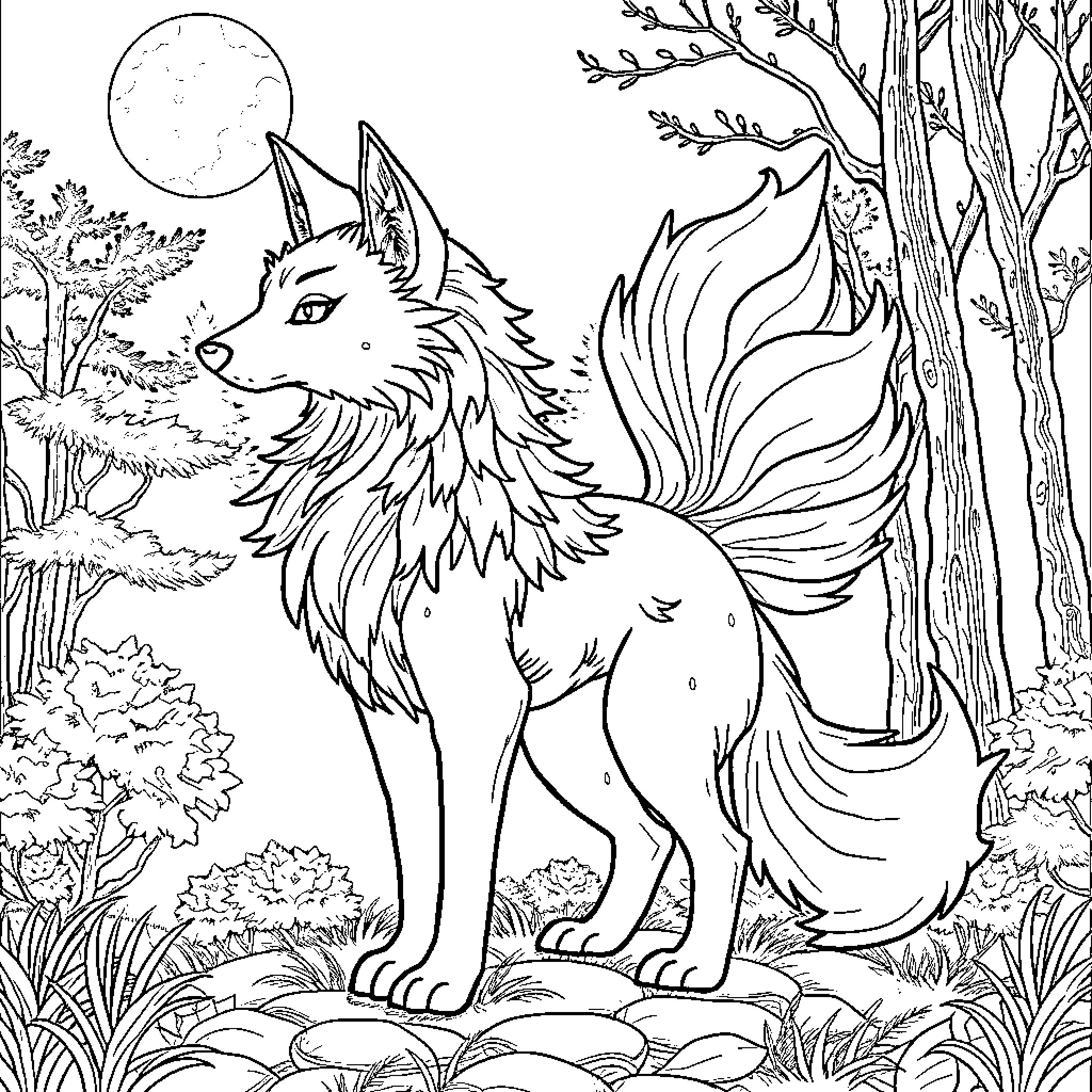 Kitsune fox in a moonlit forest landscape Coloring Page (free black-and-white line drawing printable PDF for all, from beginners to advanced learners, including children, teens, adults, and seniors)