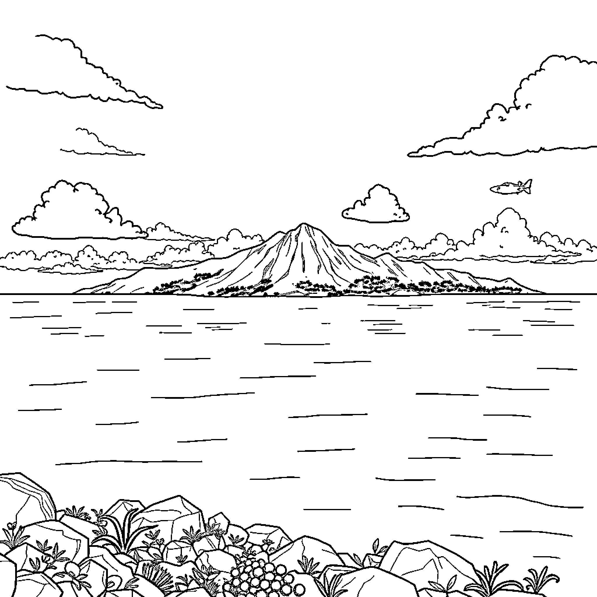 Guam tropical coastal scenery with mountain and vegetation Coloring Page (free black-and-white line drawing printable PDF for all, from beginners to advanced learners, including children, teens, adults, and seniors)