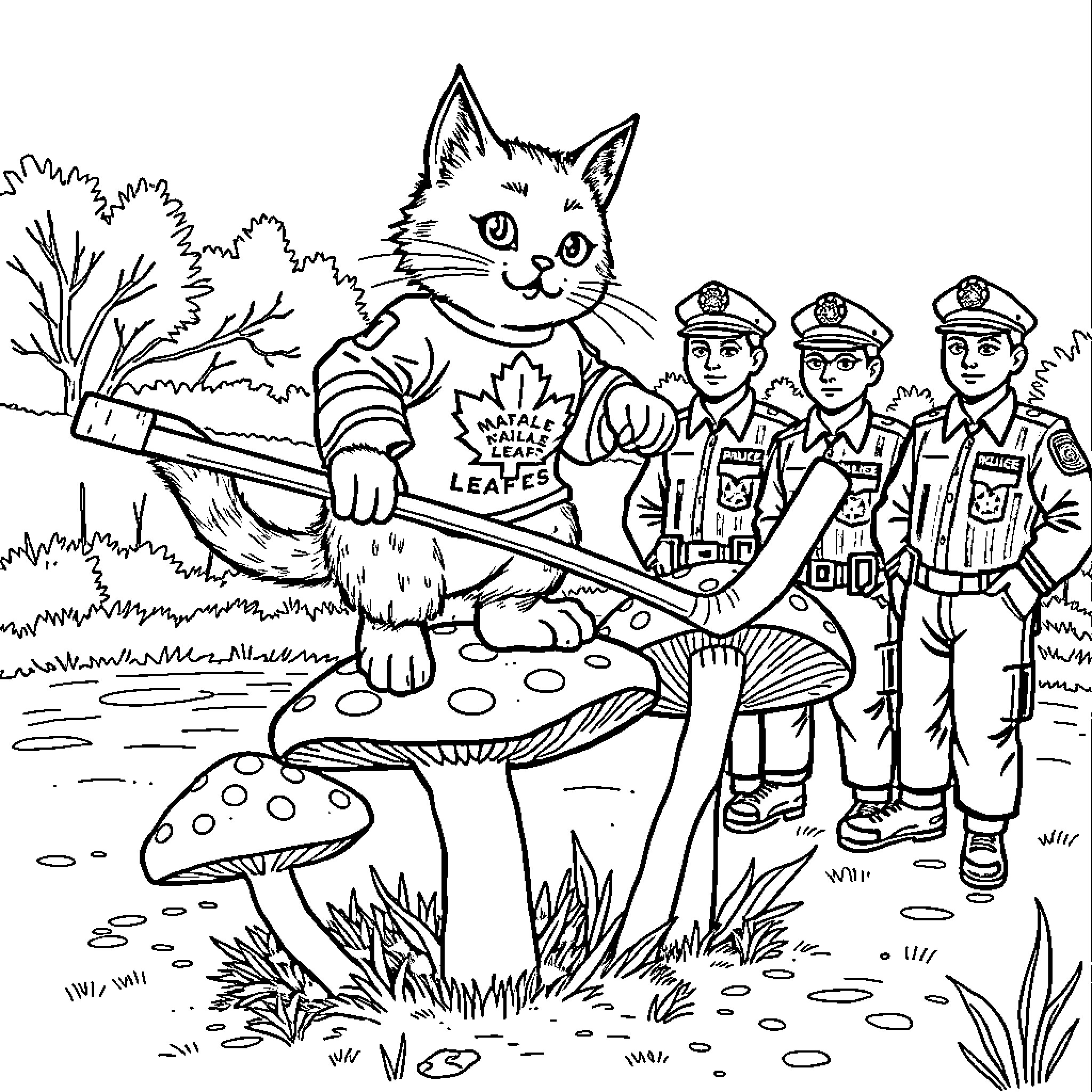 Cat Assisting Police in Forest Patrol Coloring Page (free black-and-white line drawing printable PDF for all, from beginners to advanced learners, including children, teens, adults, and seniors)