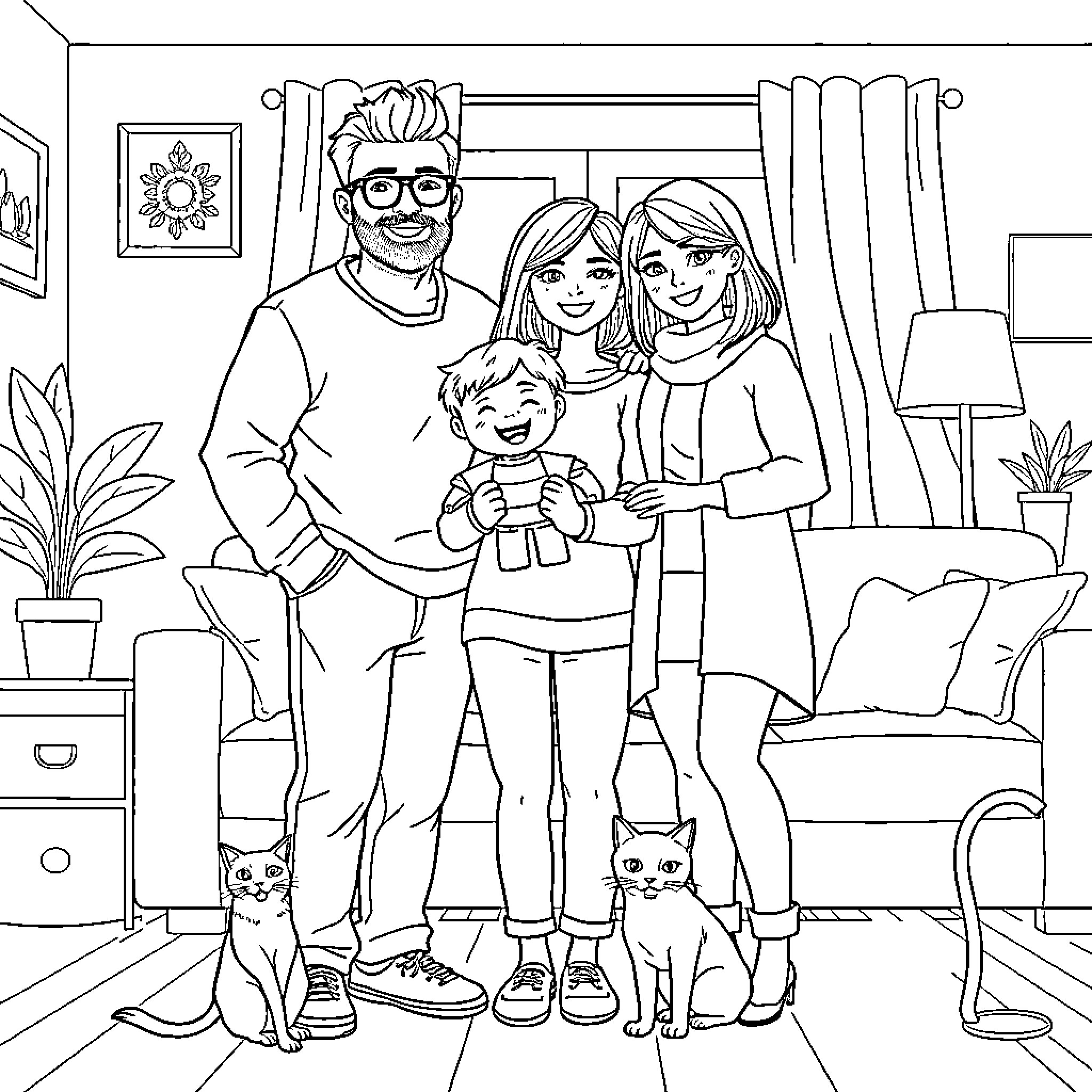 Family Enjoying Quality Time Together at Home Coloring Page (free black-and-white line drawing printable PDF for all, from beginners to advanced learners, including children, teens, adults, and seniors)