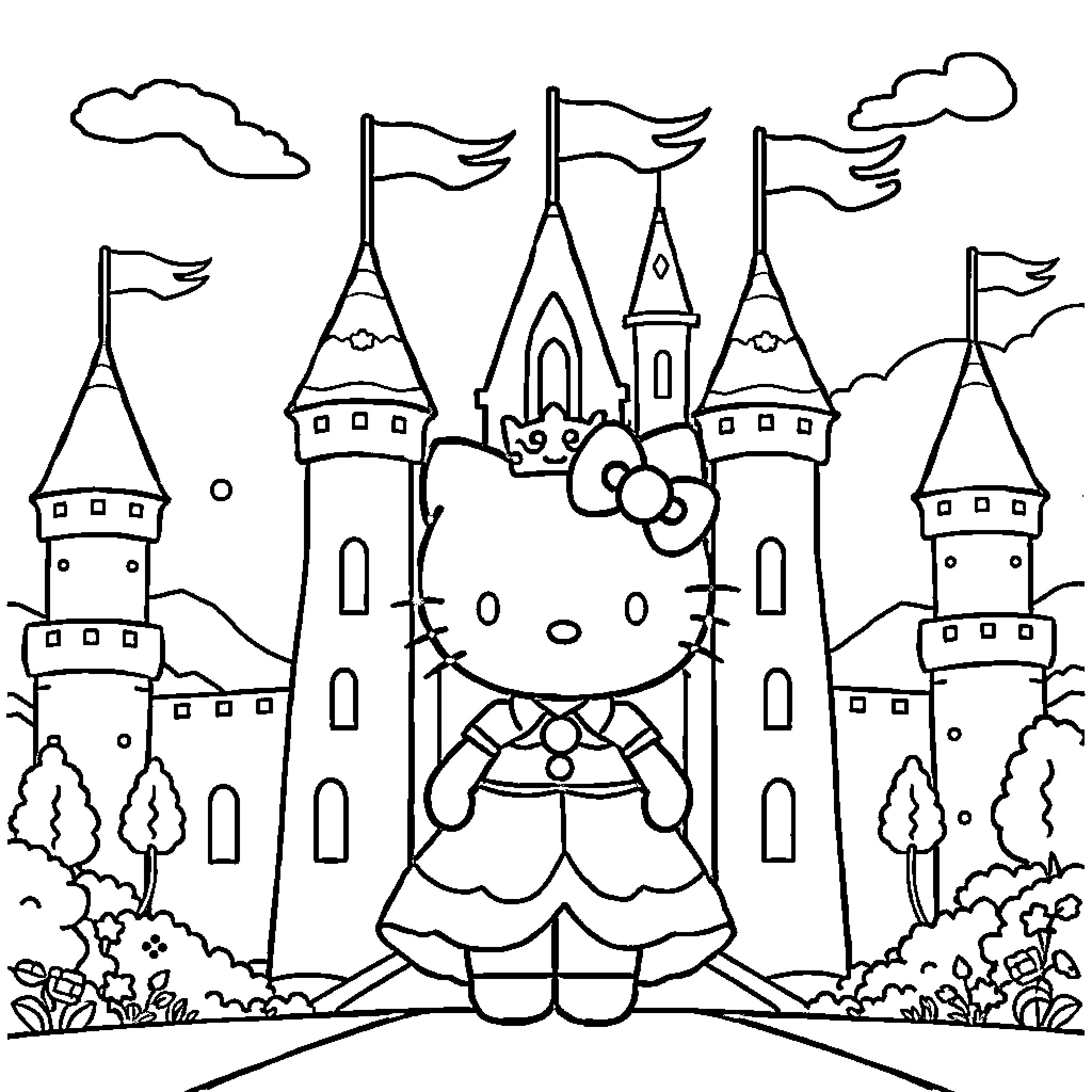 Hello Kitty in a Magical Castle Coloring Page (free black-and-white line drawing printable PDF for all, from beginners to advanced learners, including children, teens, adults, and seniors)