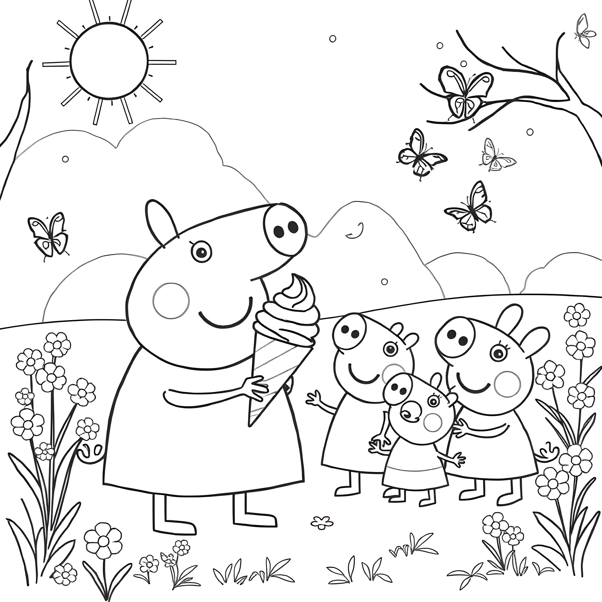 Peppa Pig family having fun in the garden Coloring Page (free black-and-white line drawing printable PDF for all, from beginners to advanced learners, including children, teens, adults, and seniors)